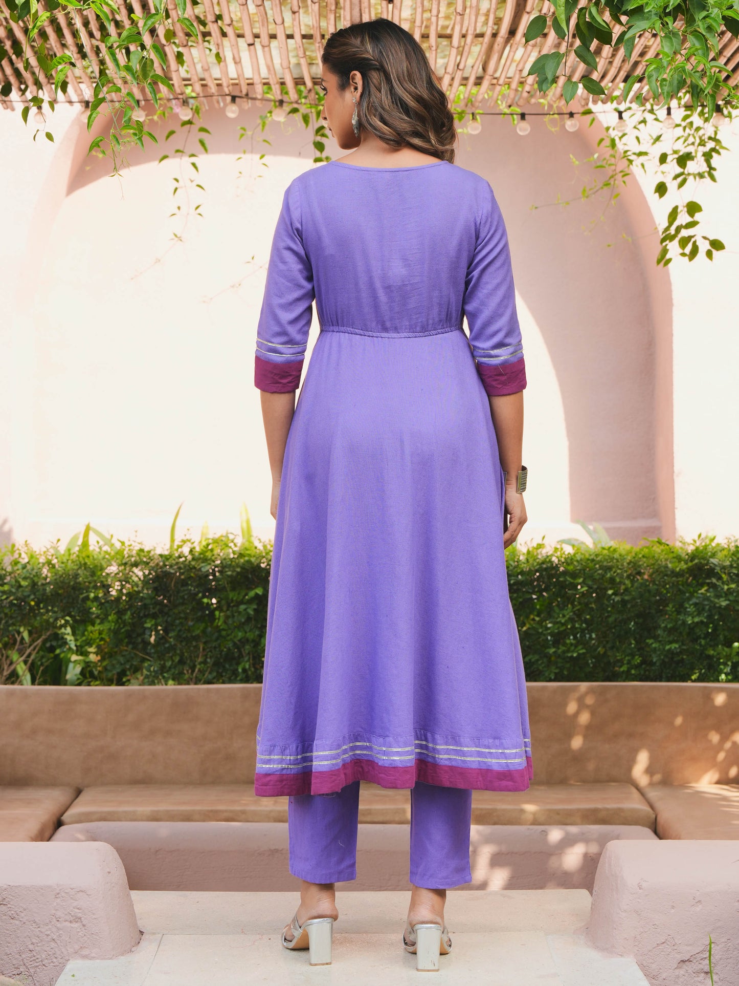 Embroidered Linen Cotton Solid Anarkali Purple Kurta