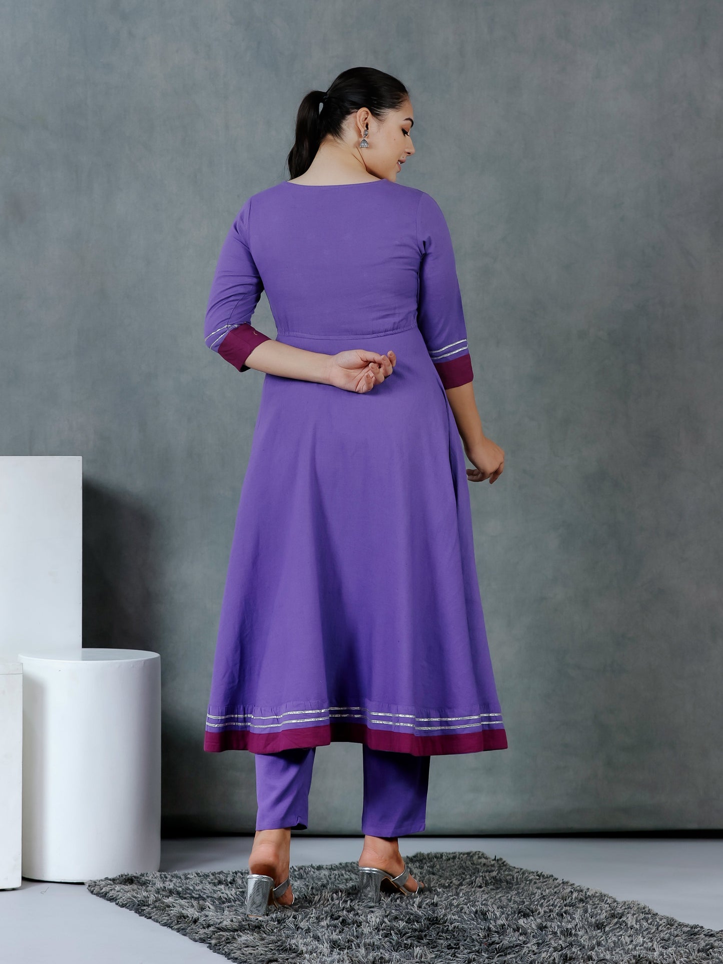 Embroidered Linen Cotton Solid Anarkali Purple Kurta