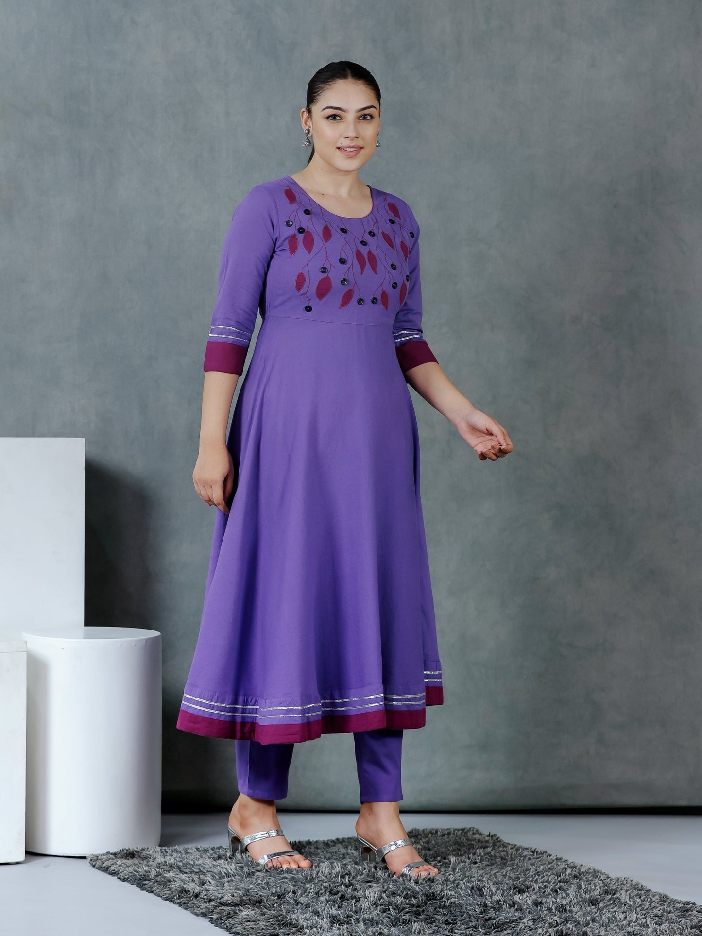 Embroidered Linen Cotton Solid Anarkali Purple Kurta