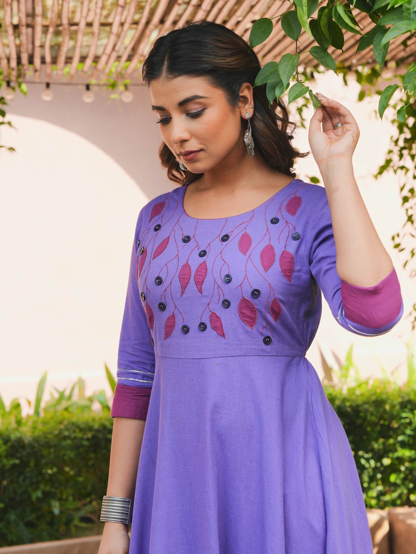 Embroidered Linen Cotton Solid Anarkali Purple Kurta