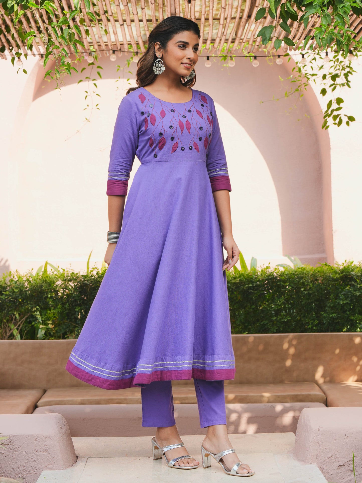 Embroidered Linen Cotton Solid Anarkali Purple Kurta