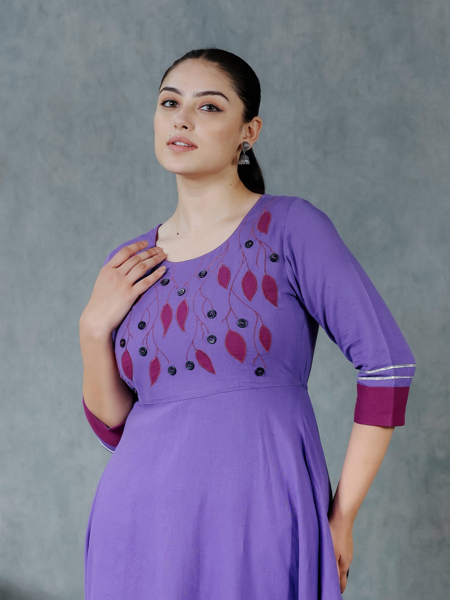 Embroidered Linen Cotton Solid Anarkali Purple Kurta