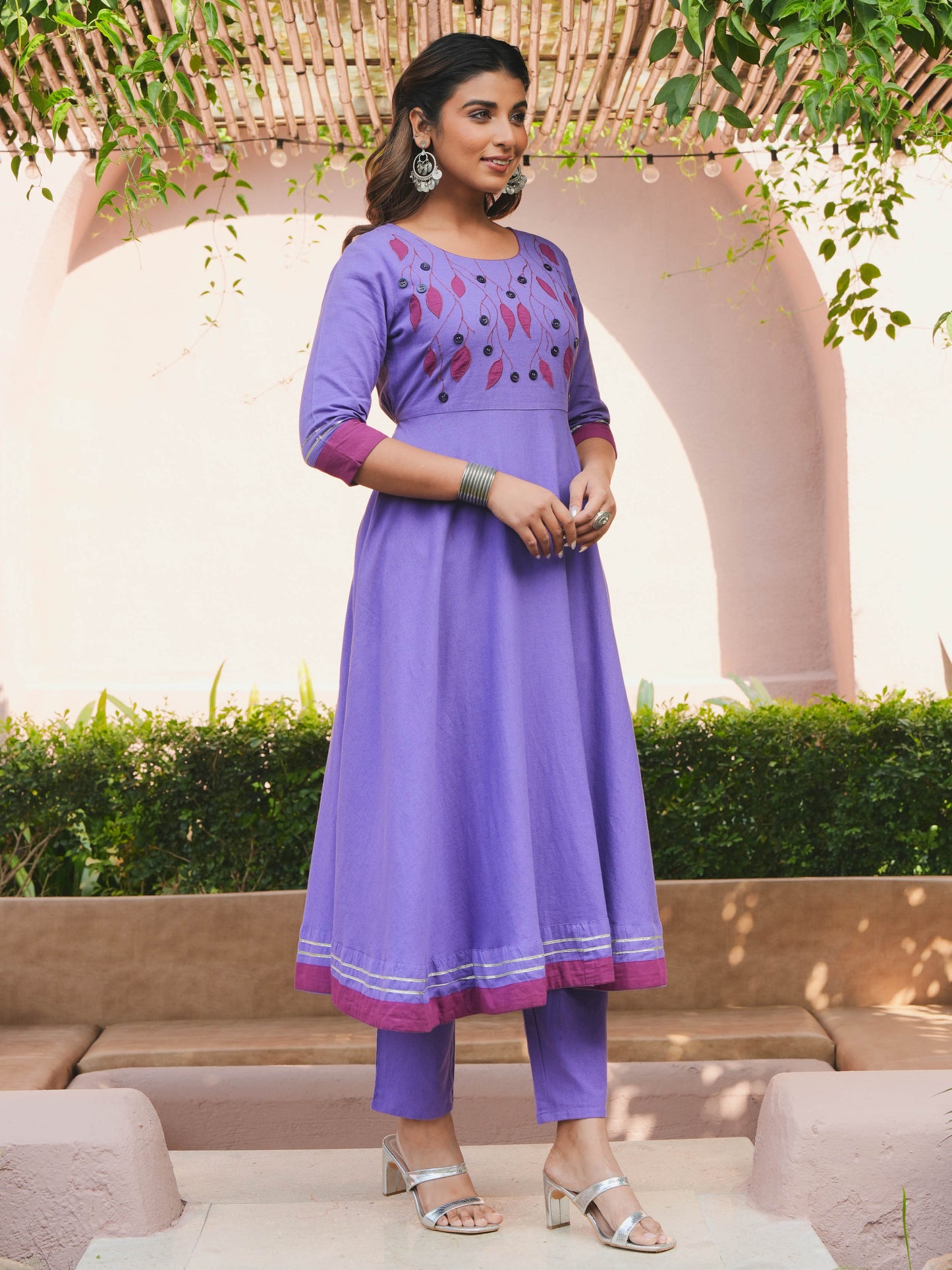 Embroidered Linen Cotton Solid Anarkali Purple Kurta