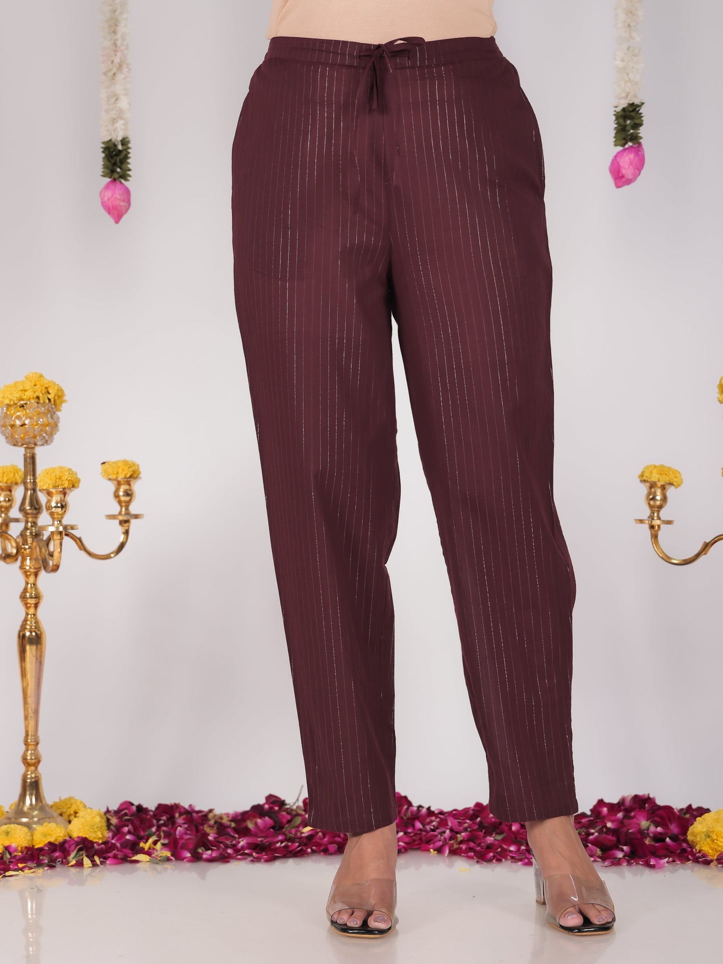 Lurex Cotton Solid Brown Tapered Trousers