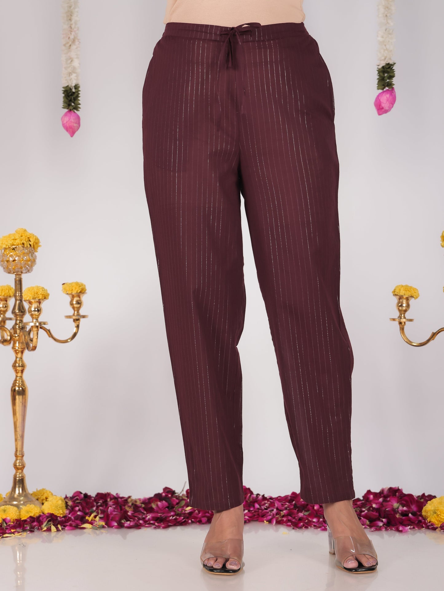 Lurex Cotton Solid Brown Tapered Trousers