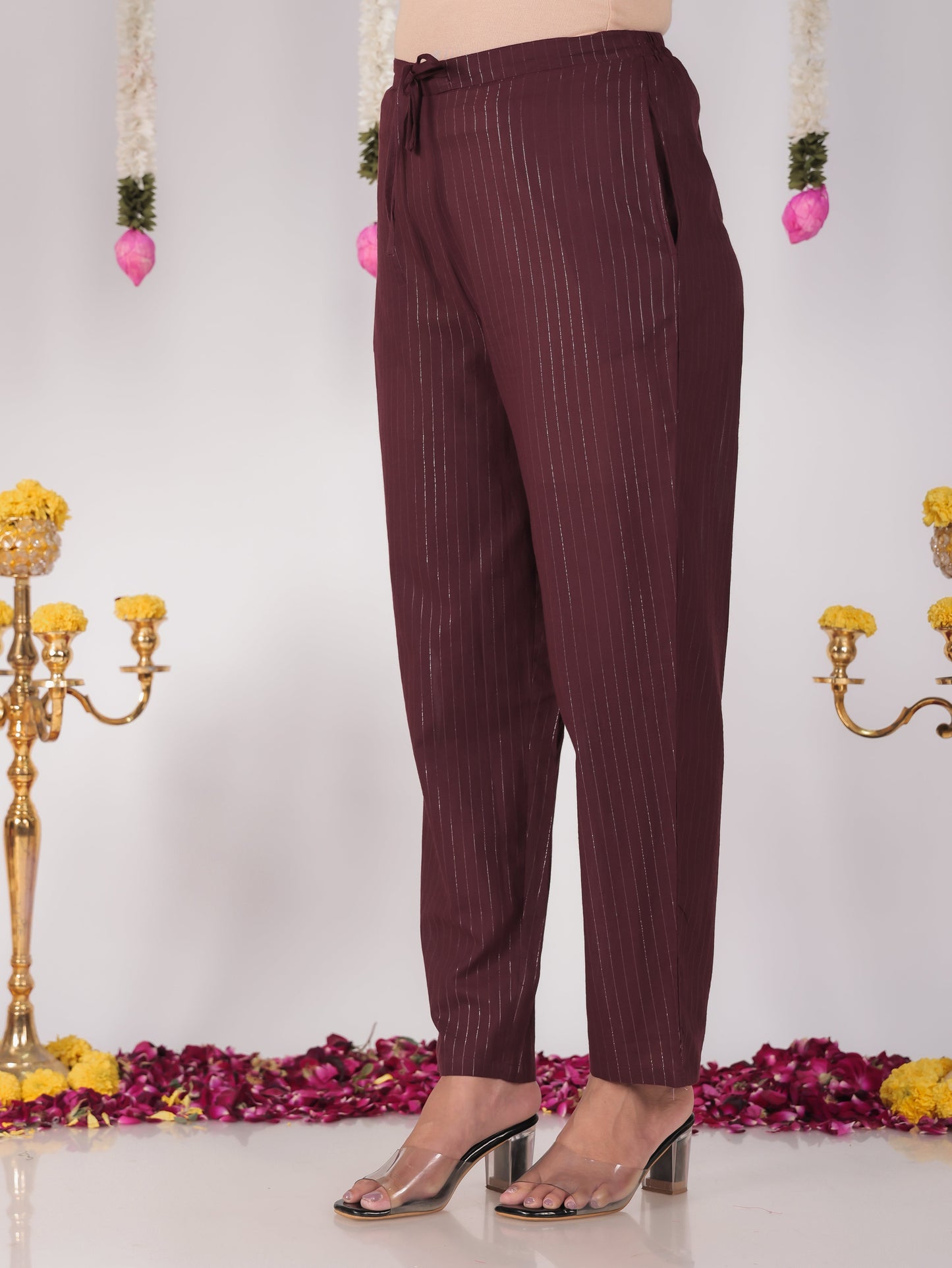 Lurex Cotton Solid Brown Tapered Trousers