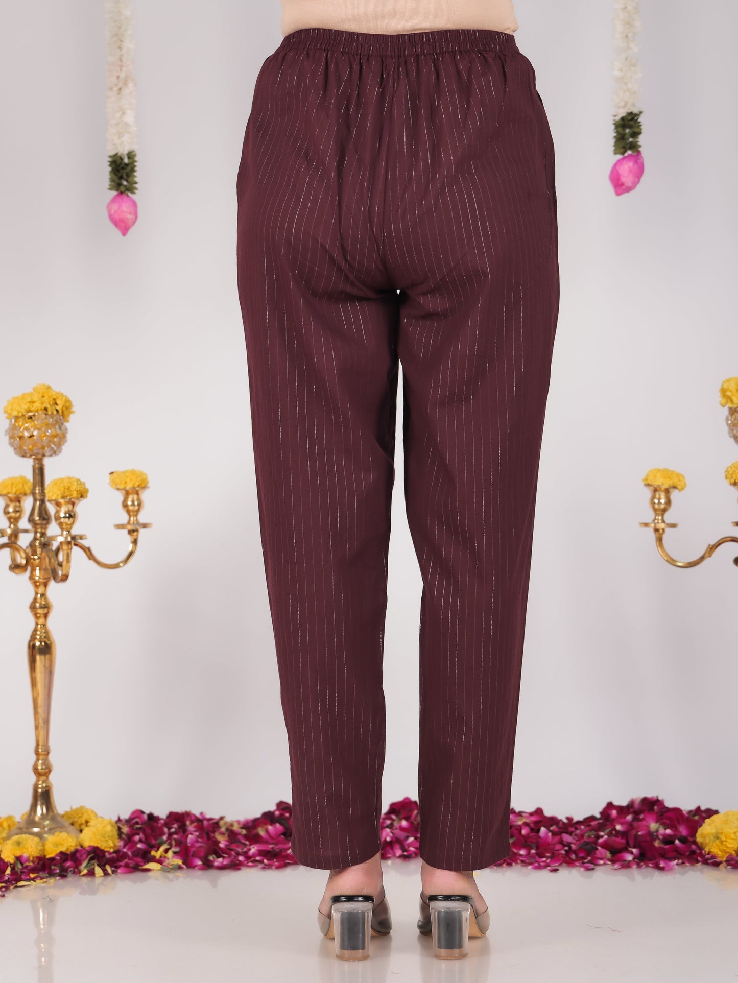 Lurex Cotton Solid Brown Tapered Trousers