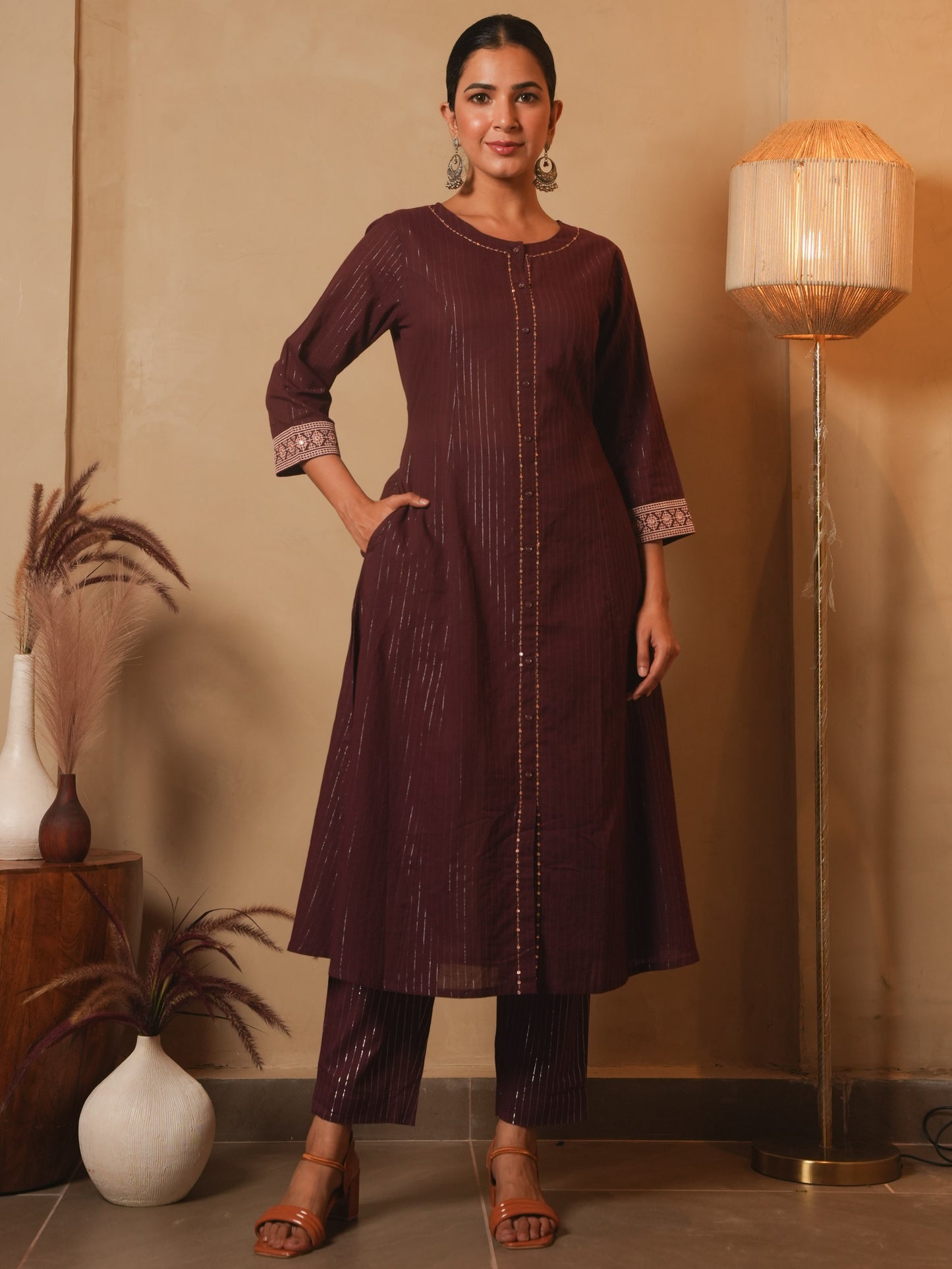 Embroidered Lurex Cotton Solid Flared Brown Kurta