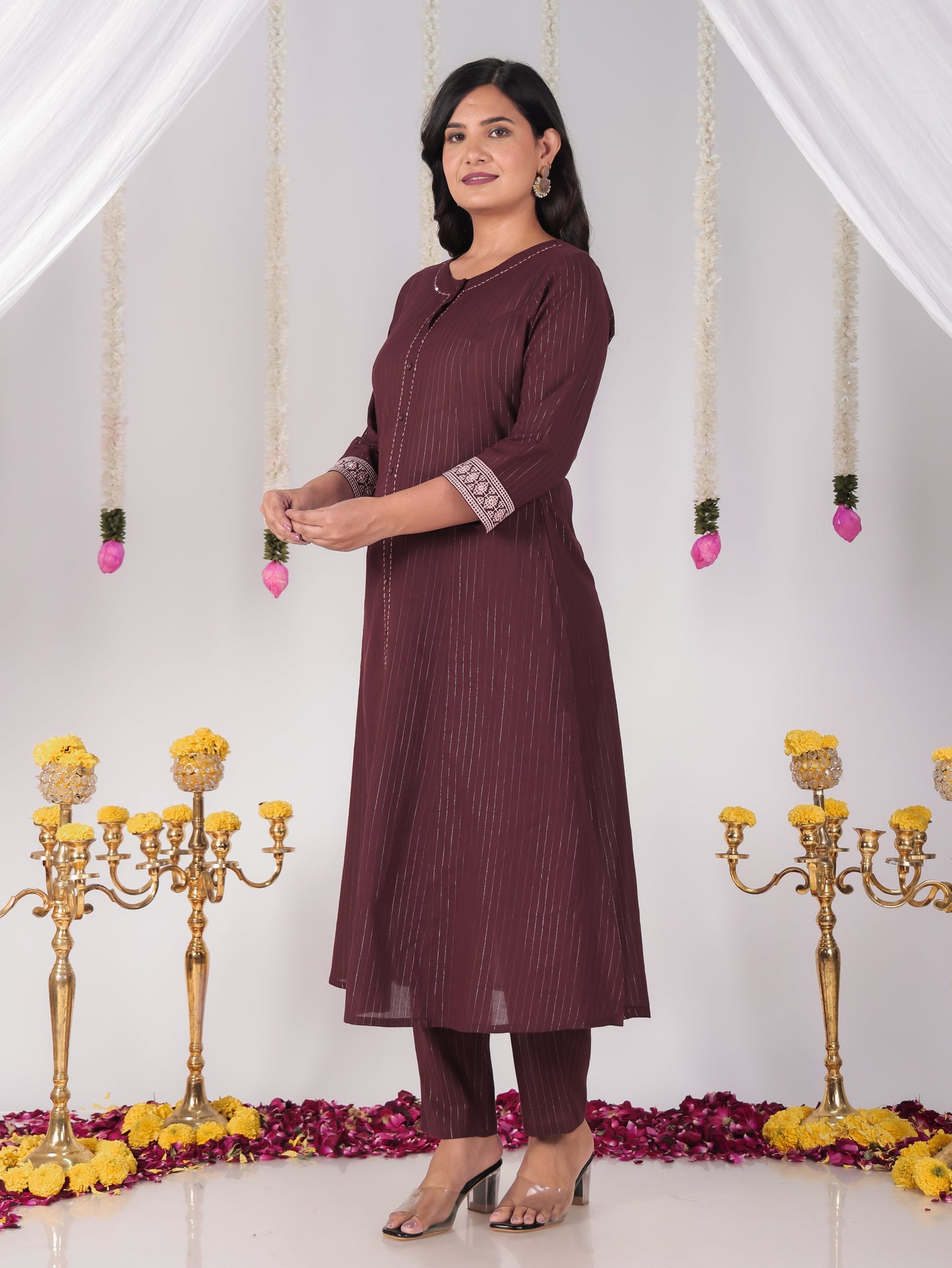 Embroidered Lurex Cotton Solid Flared Brown Kurta