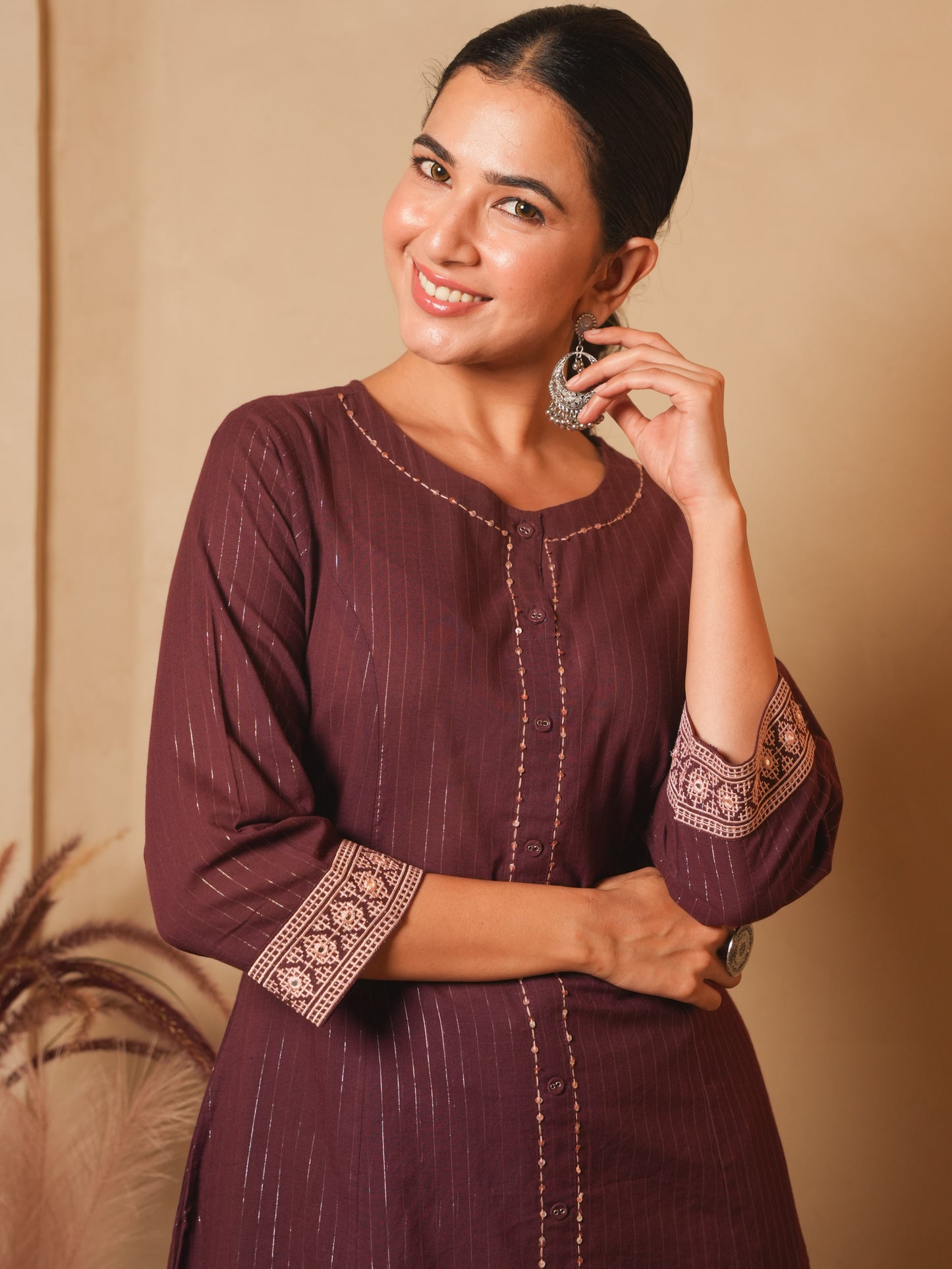 Embroidered Lurex Cotton Solid Flared Brown Kurta