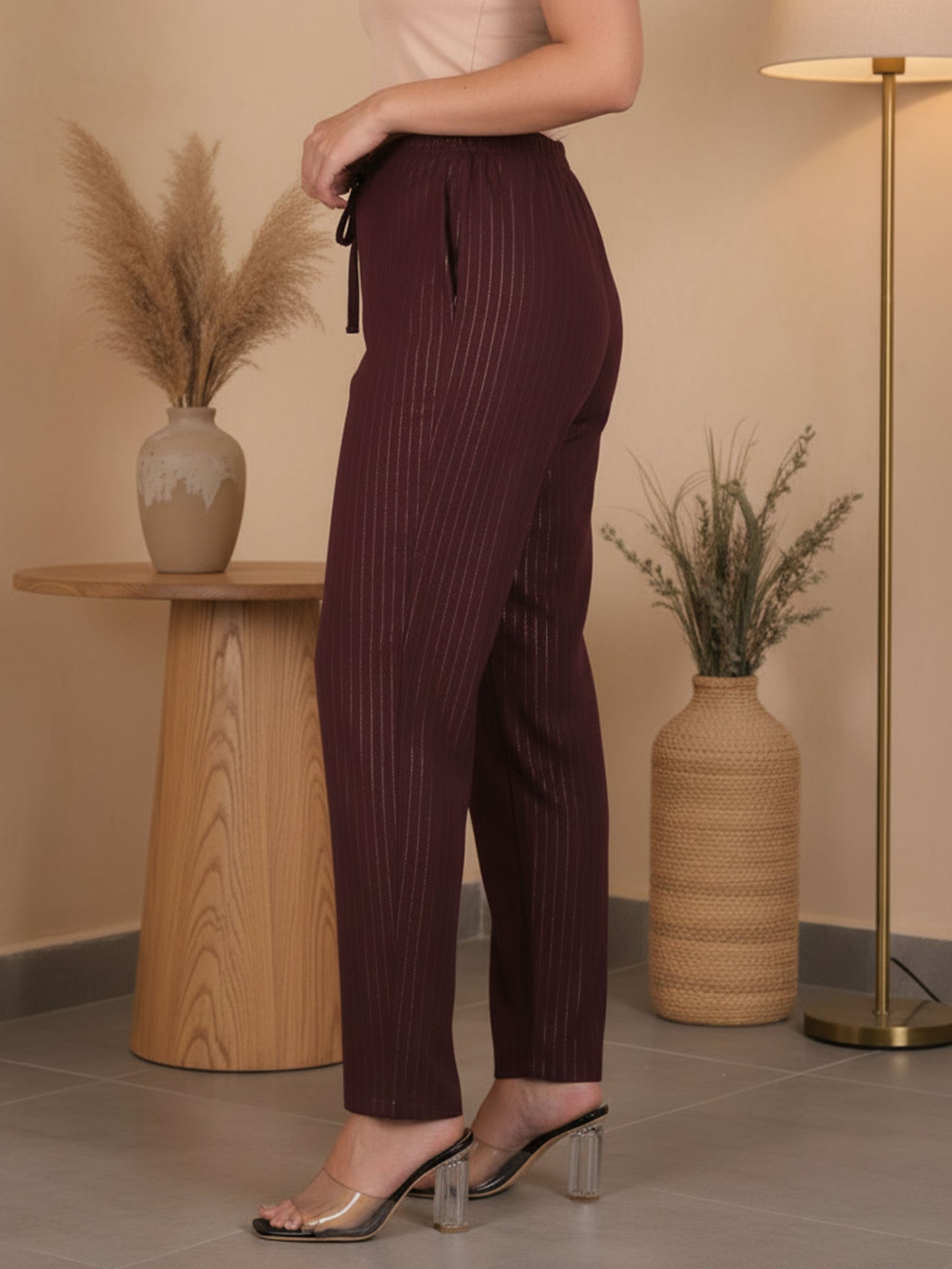 Lurex Cotton Solid Brown Tapered Trousers