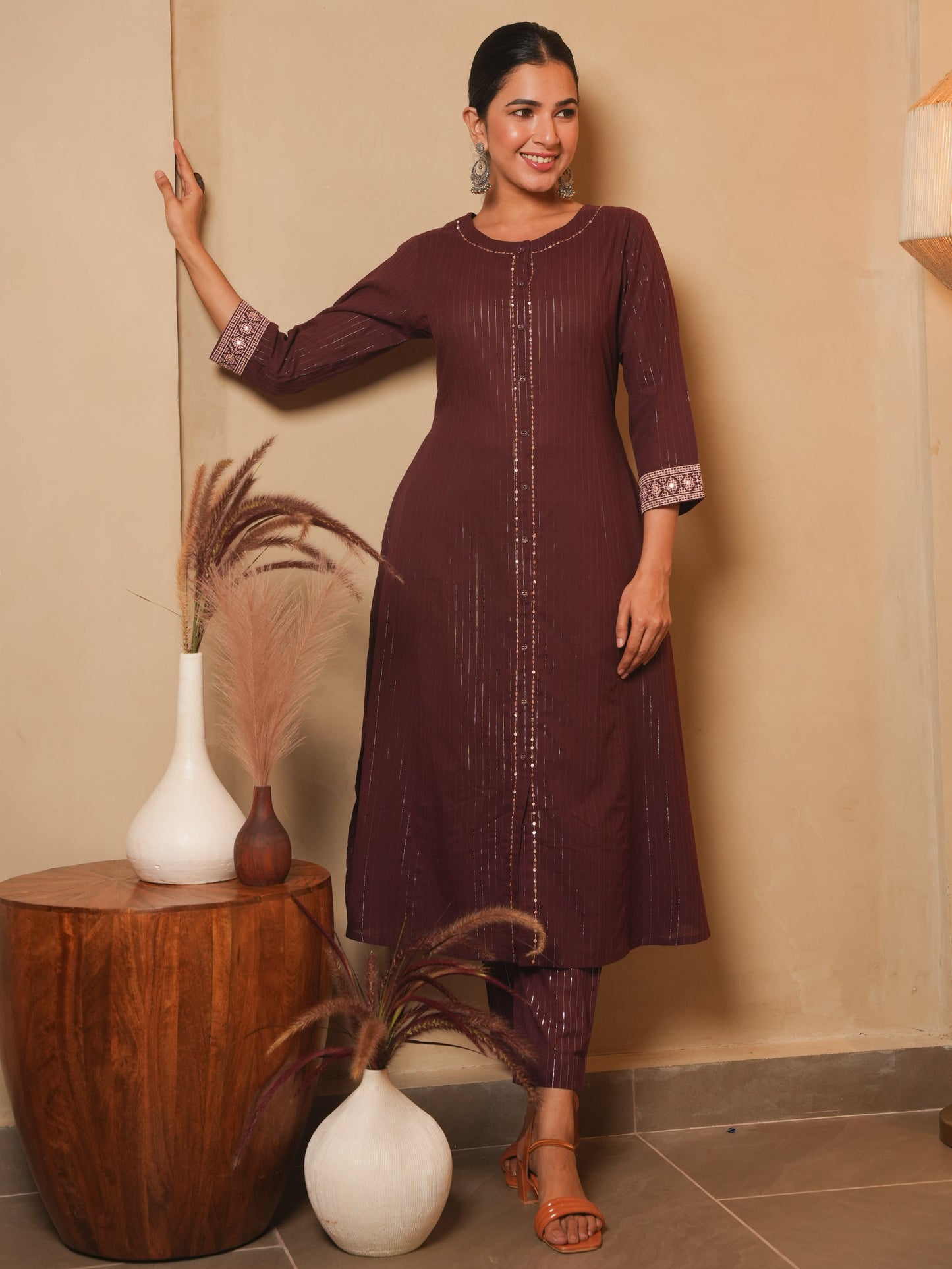 Embroidered Lurex Cotton Solid Flared Brown Kurta