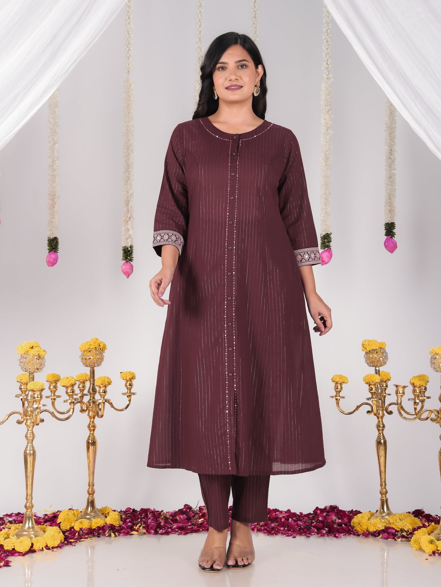 Embroidered Lurex Cotton Solid Flared Brown Kurta