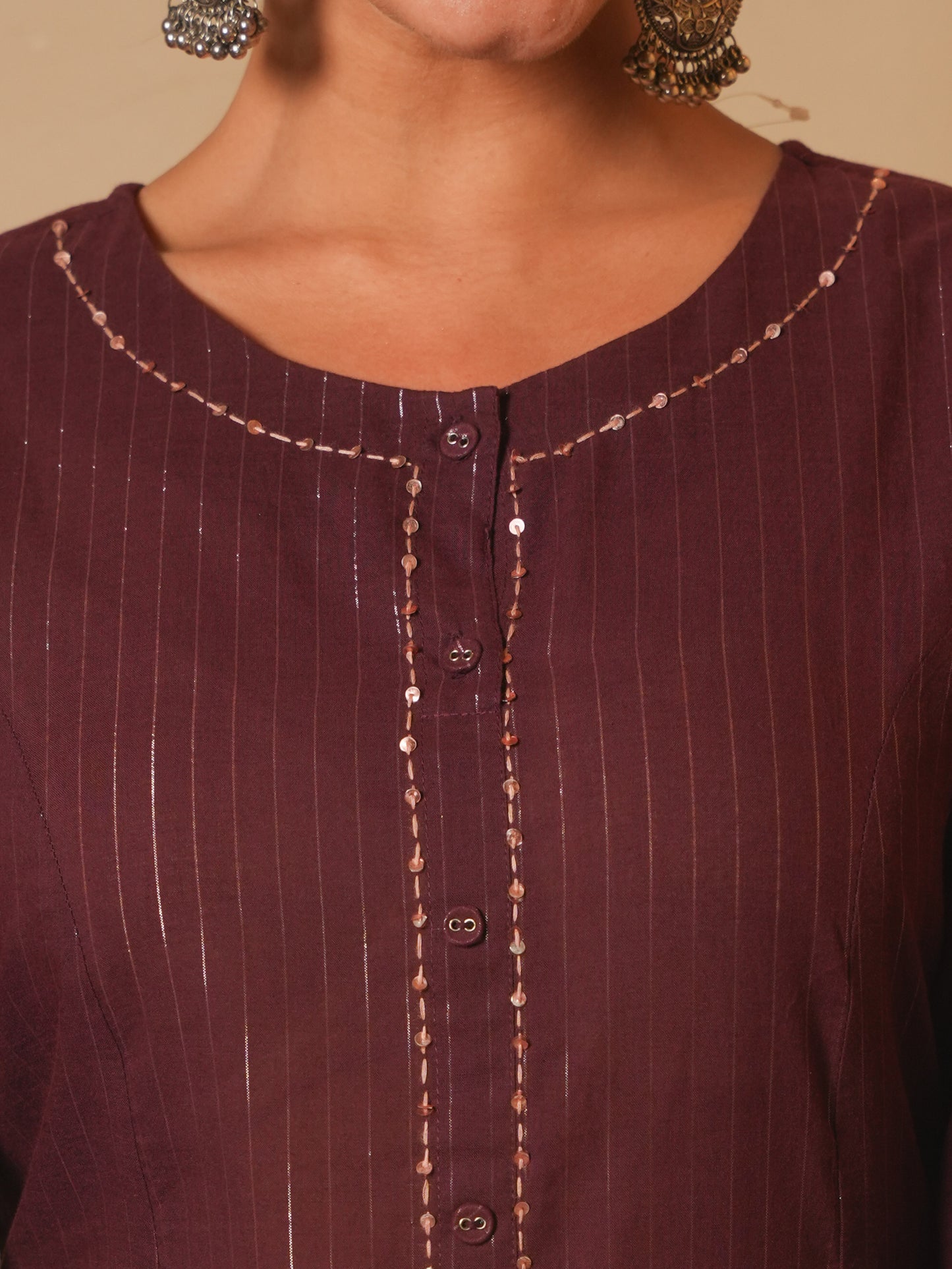 Embroidered Lurex Cotton Solid Flared Brown Kurta