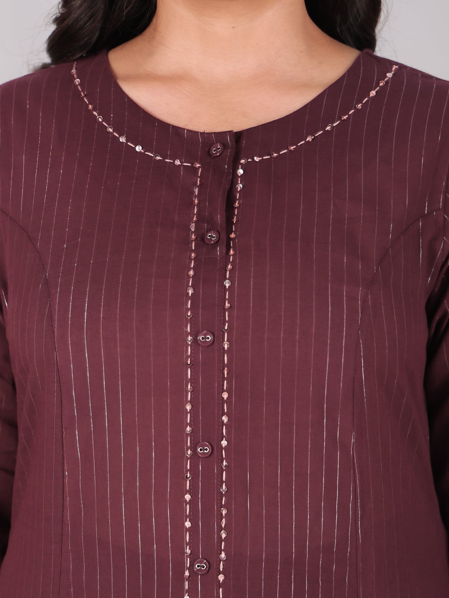 Embroidered Lurex Cotton Solid Flared Brown Kurta
