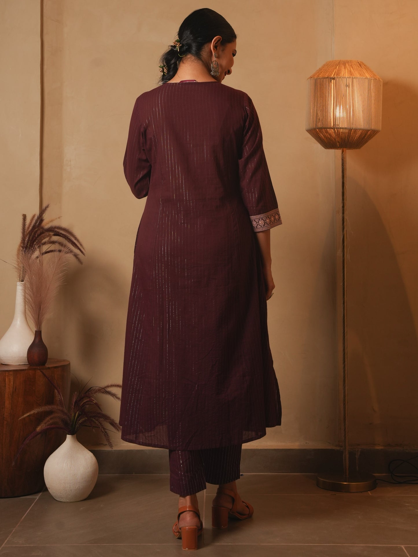 Embroidered Lurex Cotton Solid Flared Brown Kurta