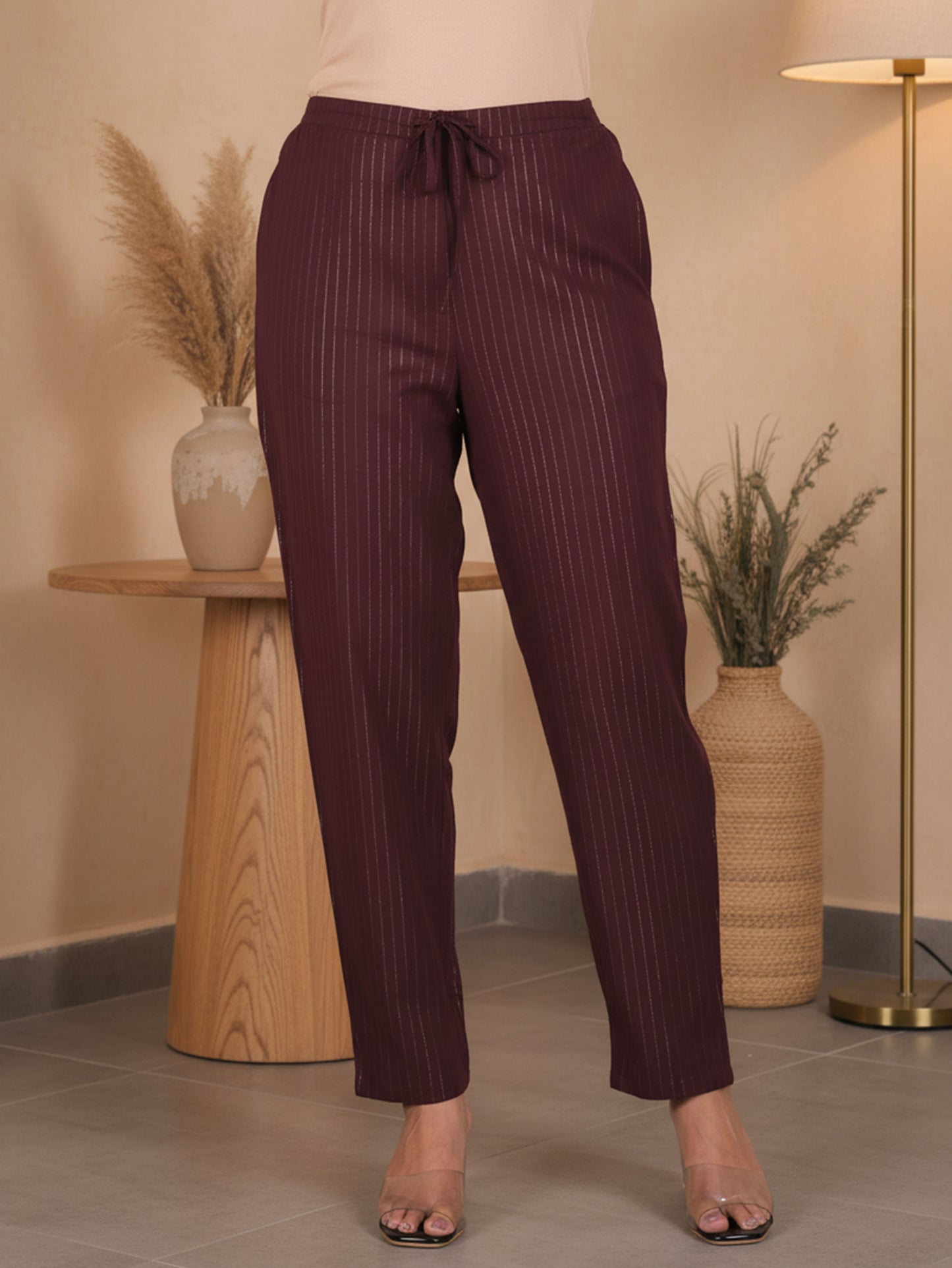 Lurex Cotton Solid Brown Tapered Trousers