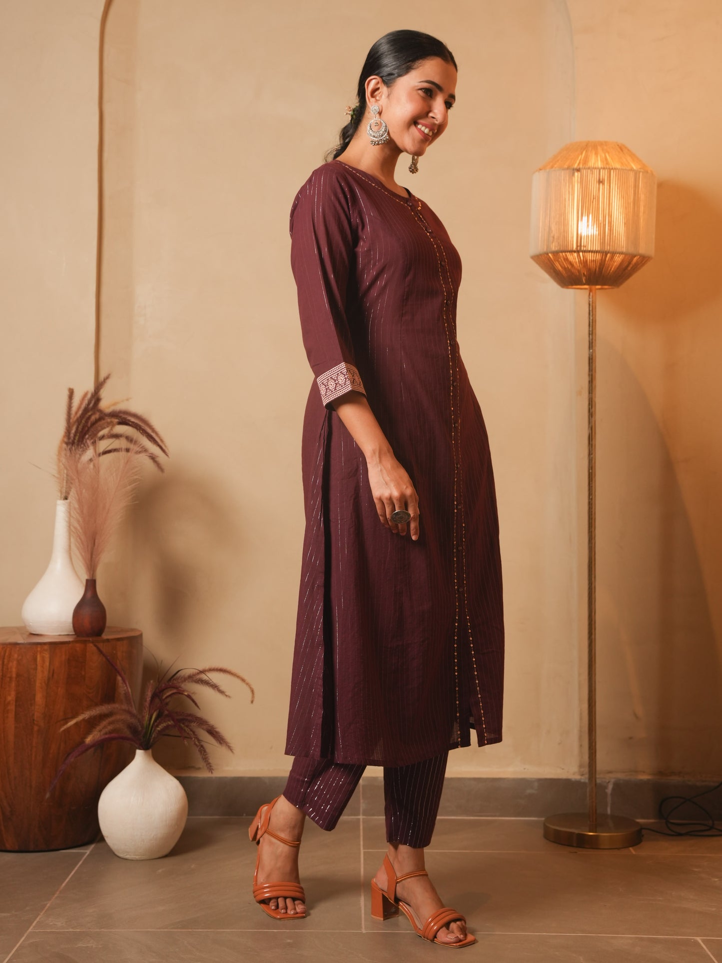Embroidered Lurex Cotton Solid Flared Brown Kurta