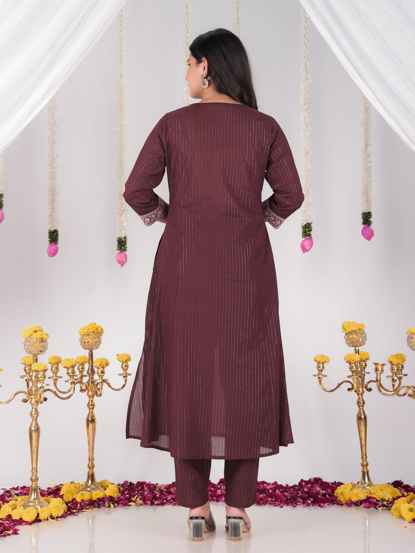 Embroidered Lurex Cotton Solid Flared Brown Kurta