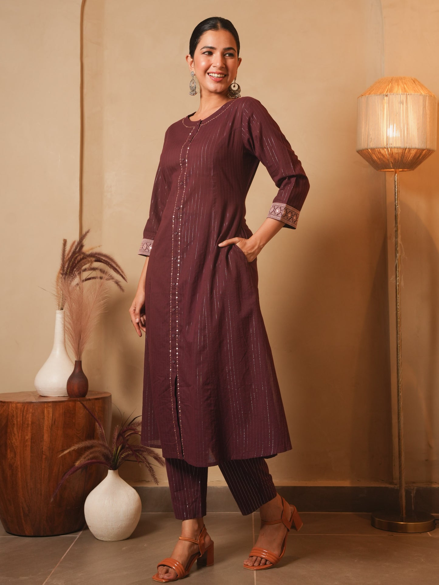 Embroidered Lurex Cotton Solid Flared Brown Kurta