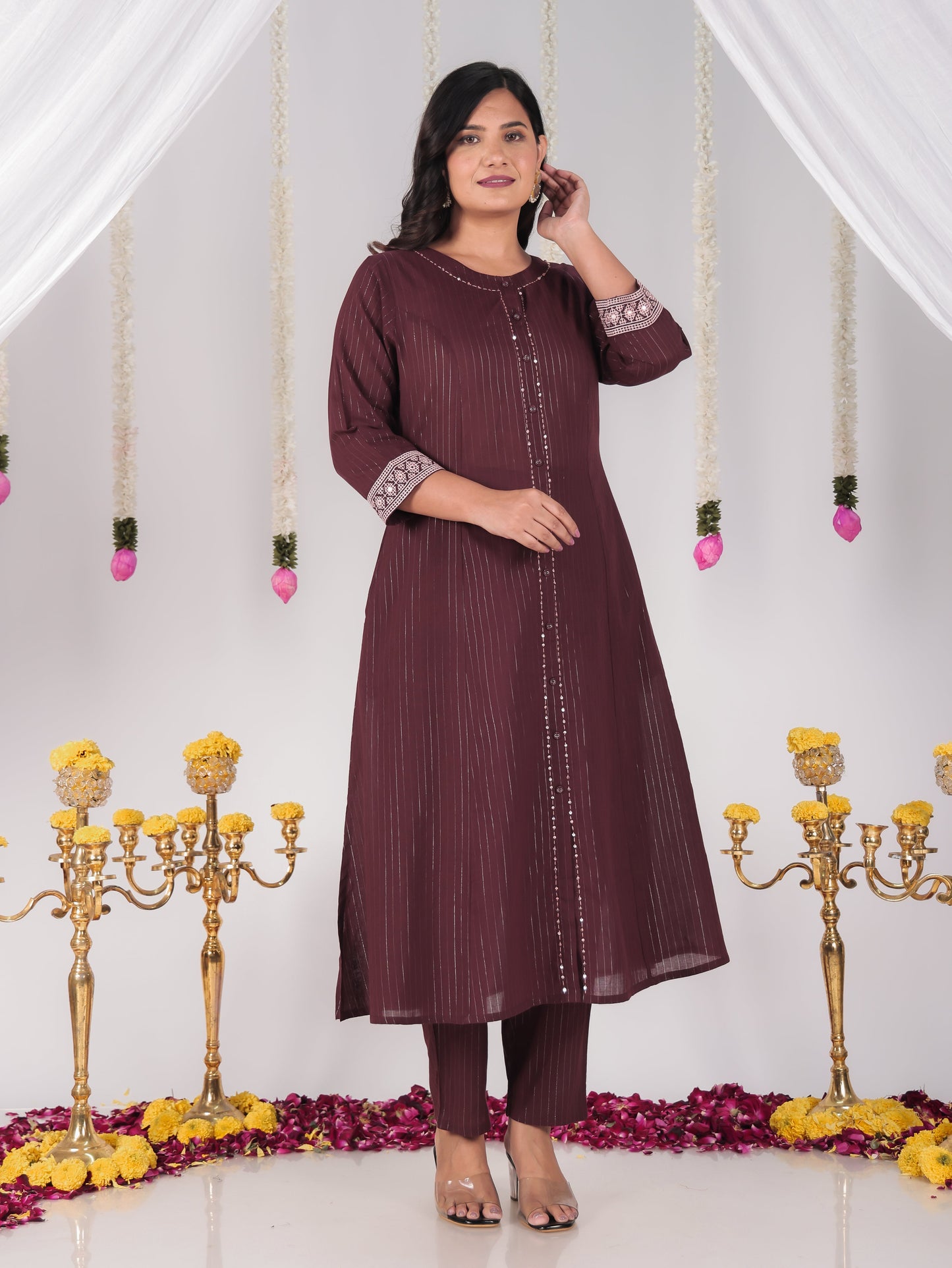 Embroidered Lurex Cotton Solid Flared Brown Kurta