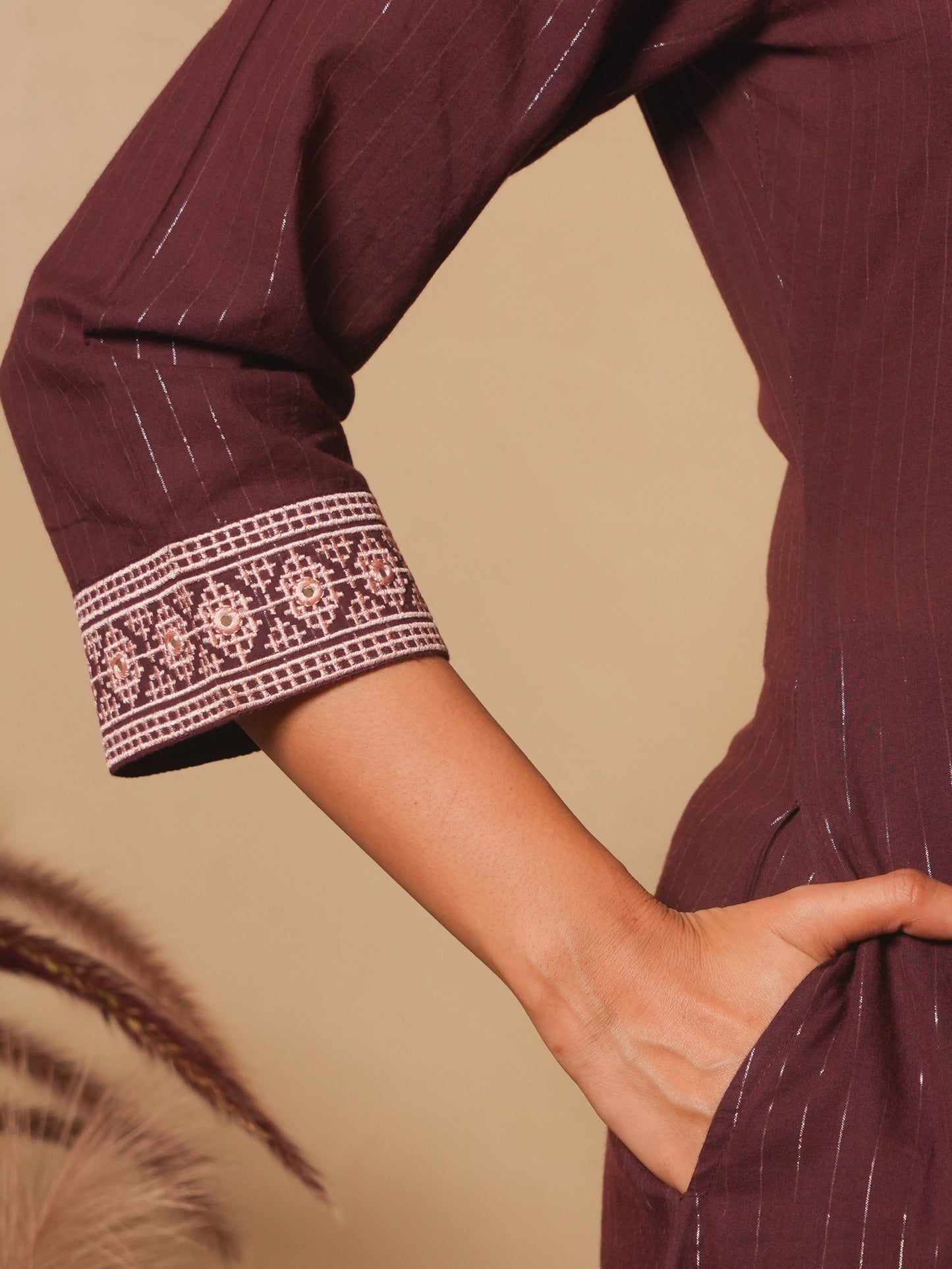 Embroidered Lurex Cotton Solid Flared Brown Kurta