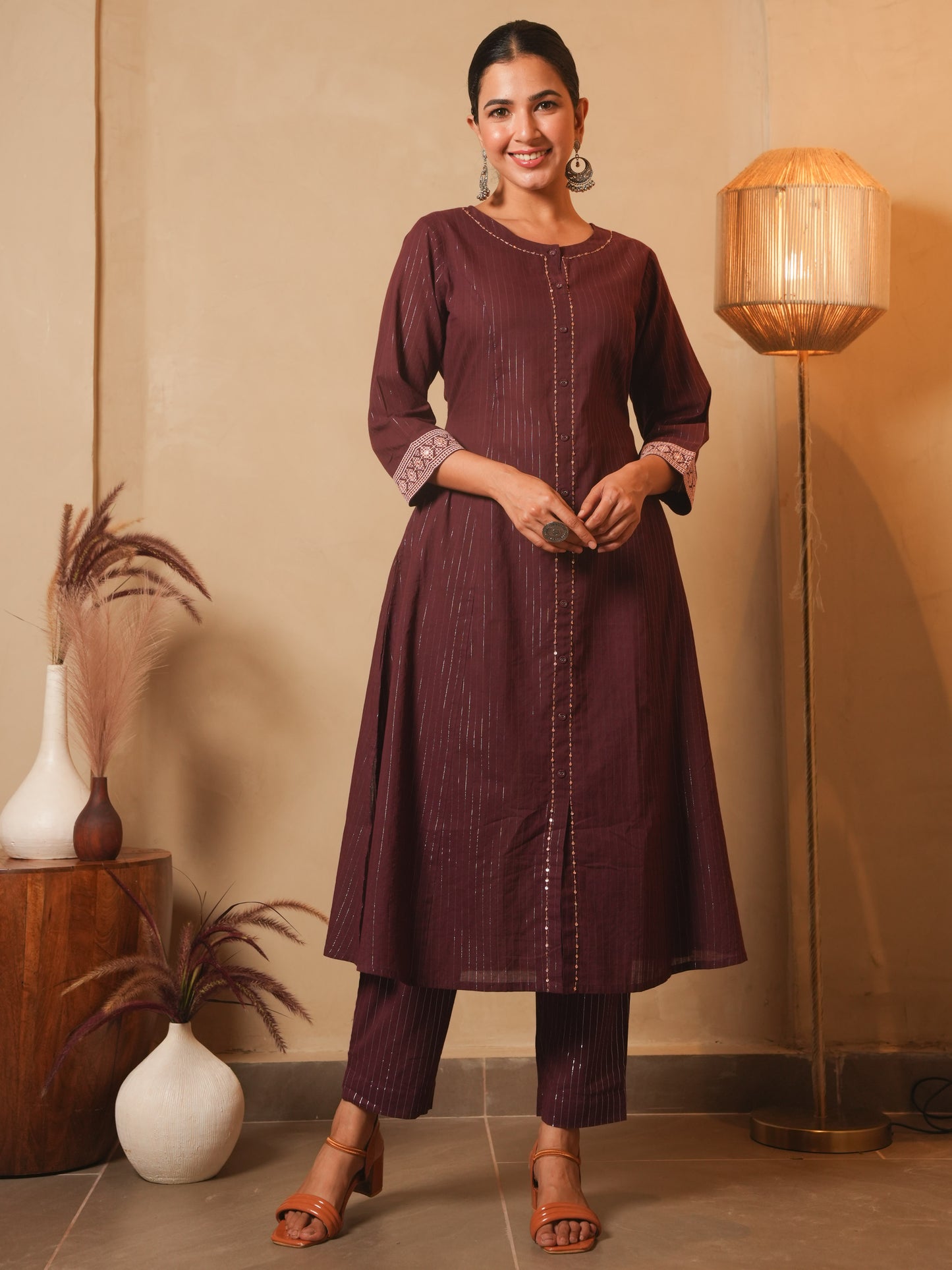 Embroidered Lurex Cotton Solid Flared Brown Kurta