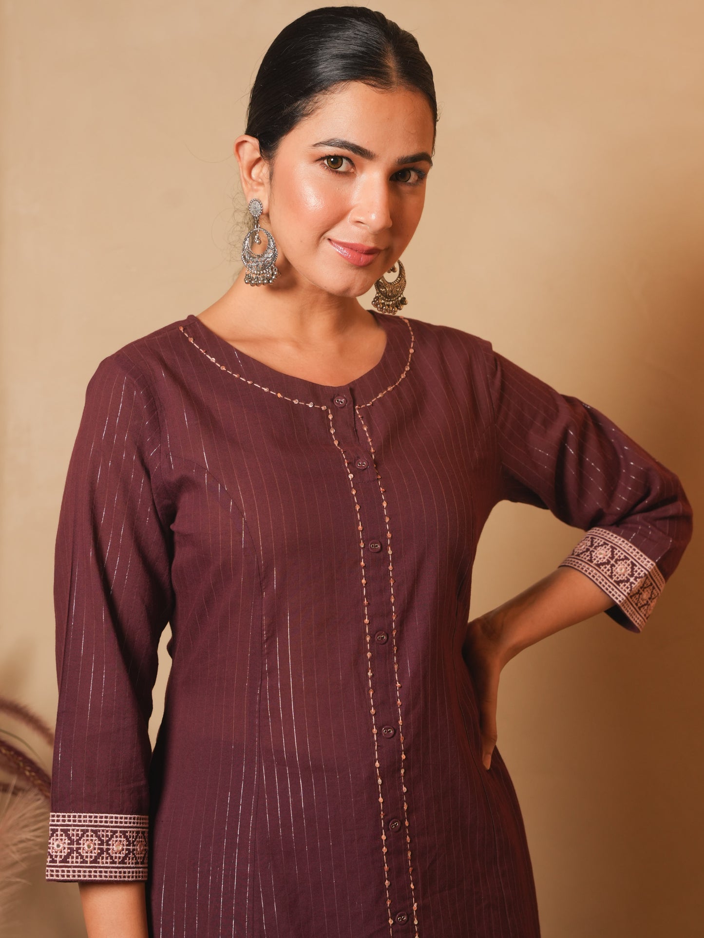 Embroidered Lurex Cotton Solid Flared Brown Kurta