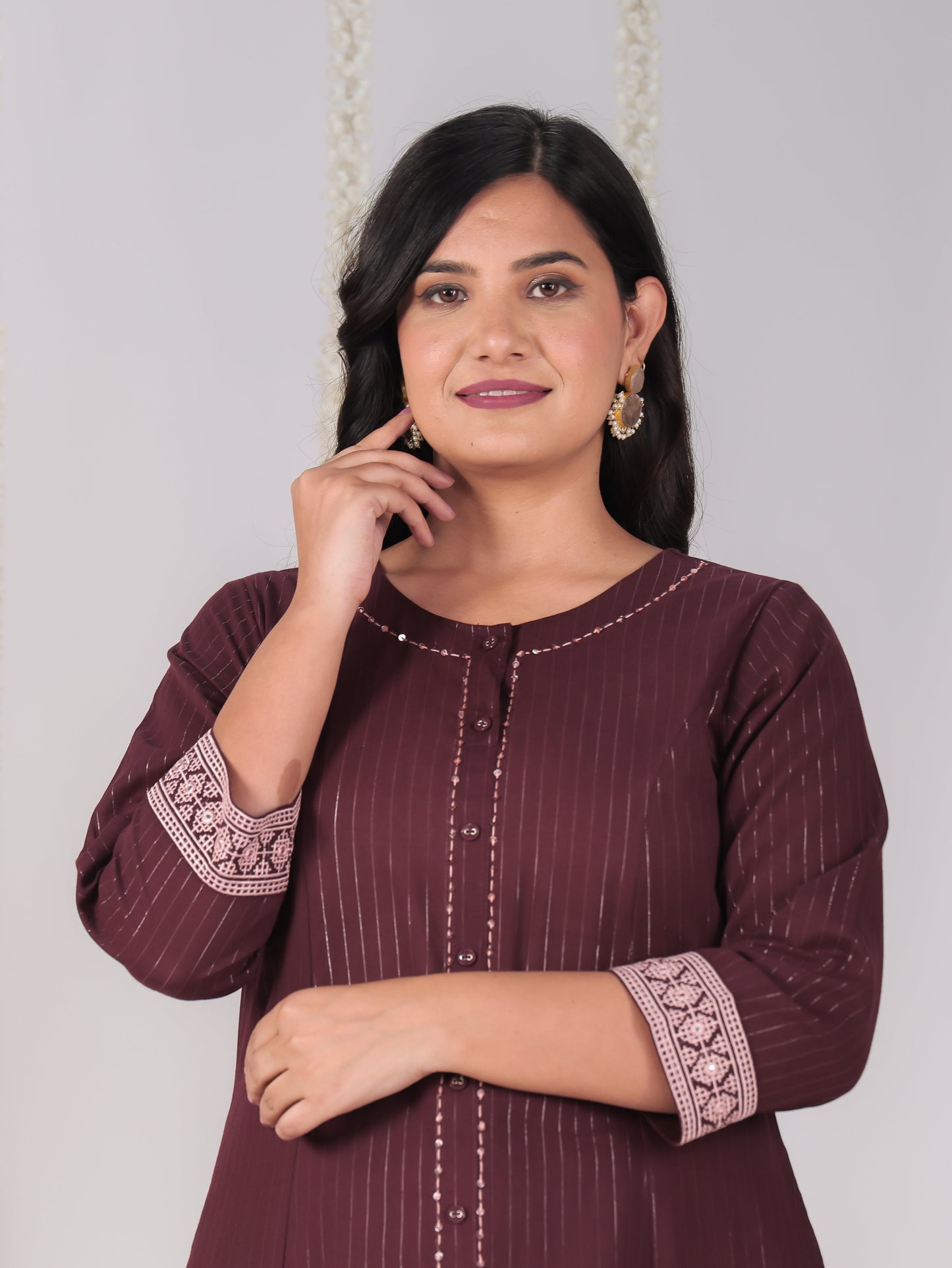Embroidered Lurex Cotton Solid Flared Brown Kurta