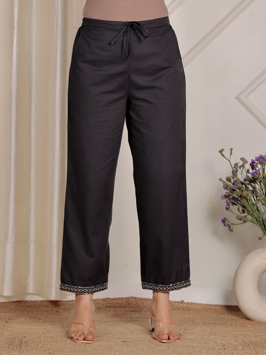 Embroidered Soft Cotton Solid Navy Blue Tapered Trousers