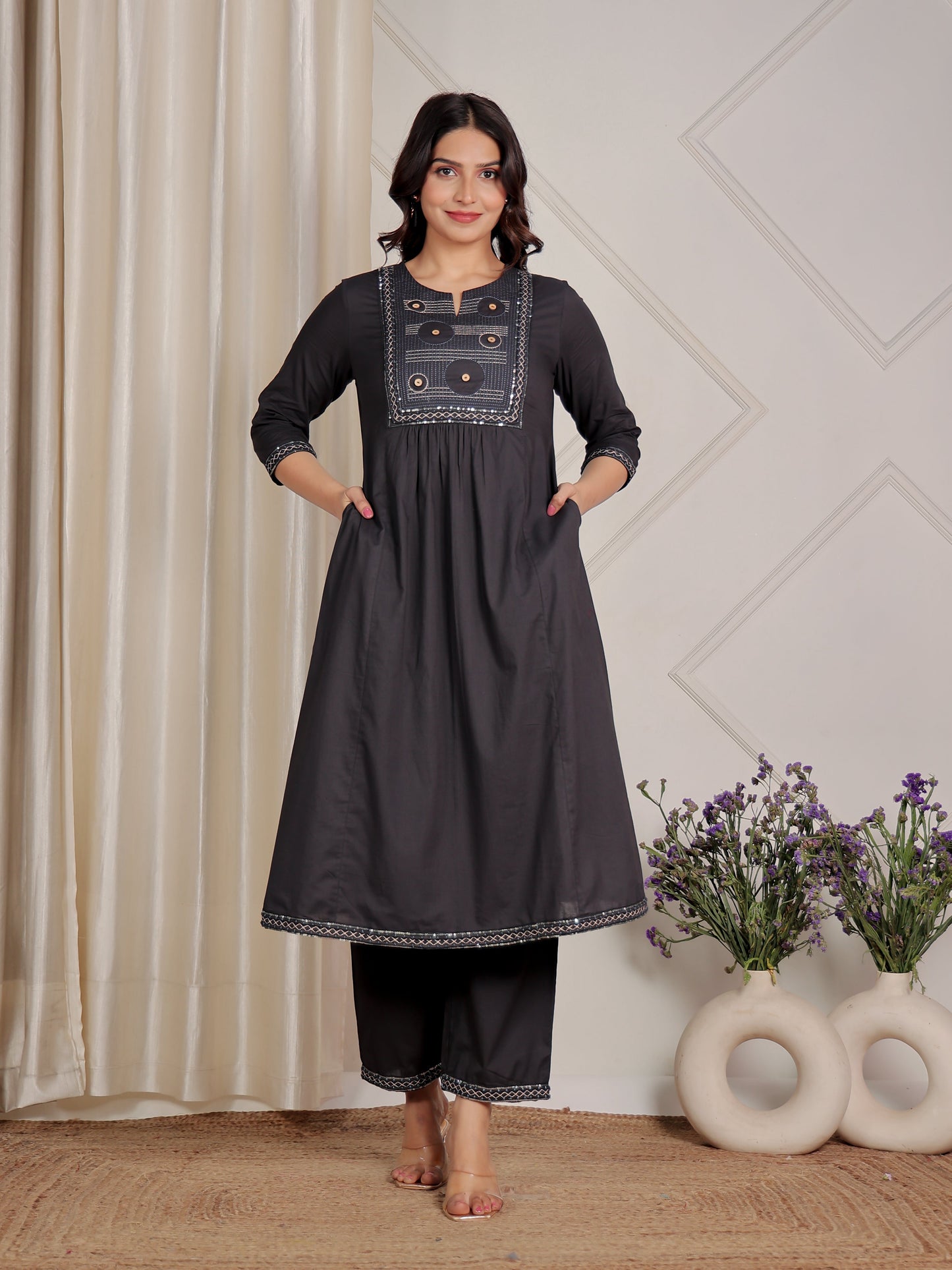 Embroidered Soft Cotton Solid Panelled Navy Blue Kurta