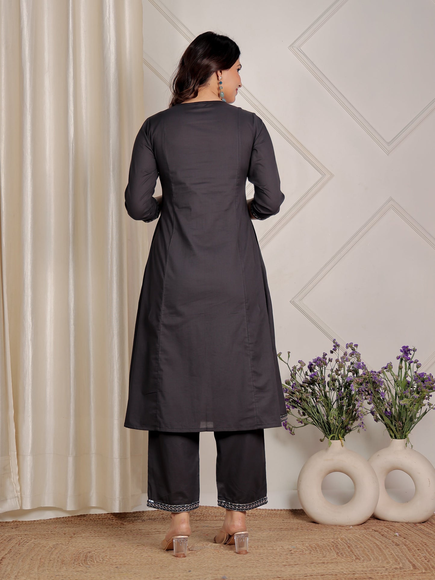 Embroidered Soft Cotton Solid Panelled Navy Blue Kurta