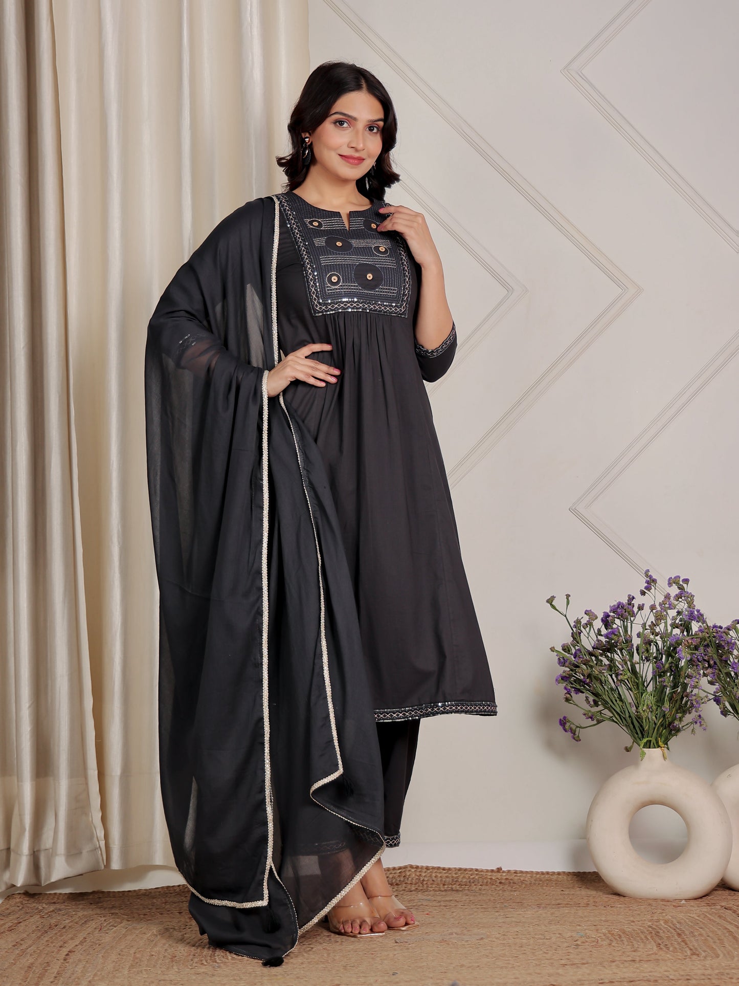 Embroidered Soft Cotton Solid Panelled Navy Blue Kurta