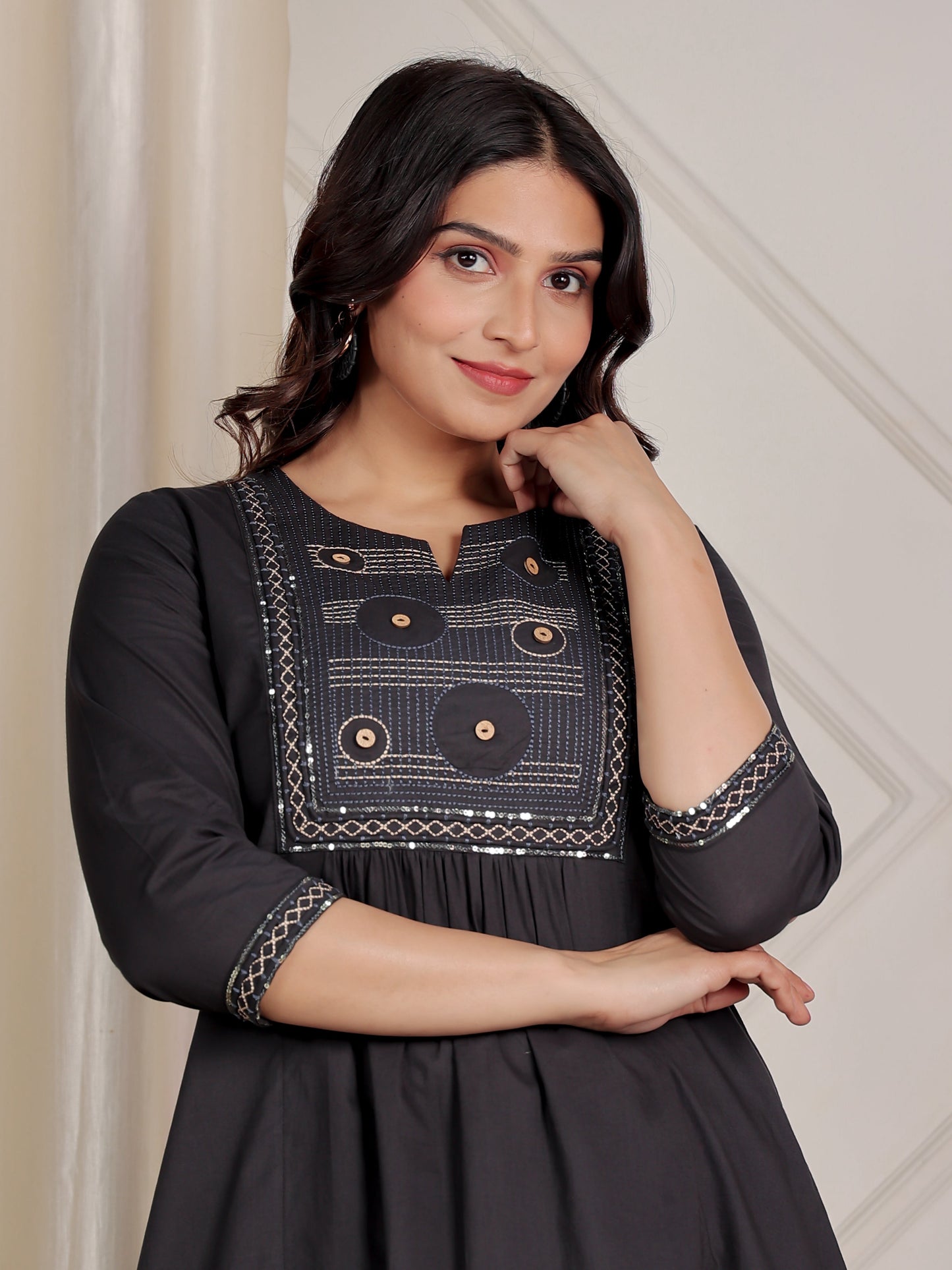 Embroidered Soft Cotton Solid Panelled Navy Blue Kurta