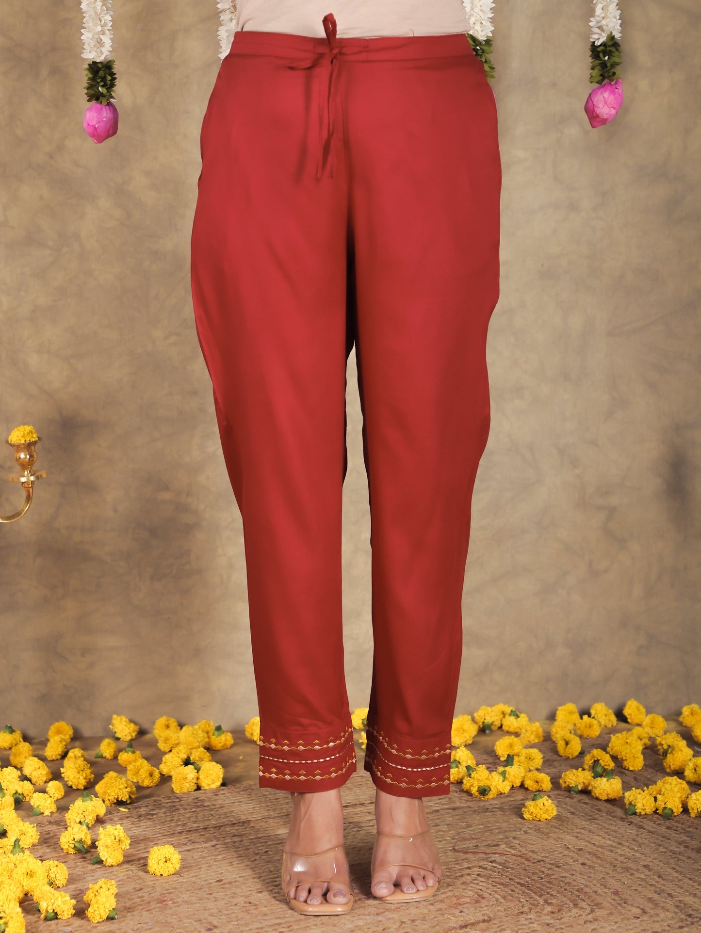 Viscose Solid Maroon Tapered Trousers