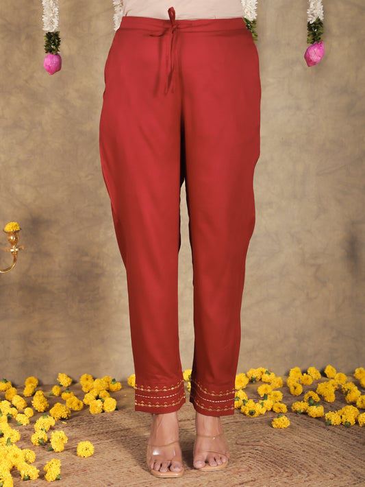 Viscose Solid Maroon Tapered Trousers