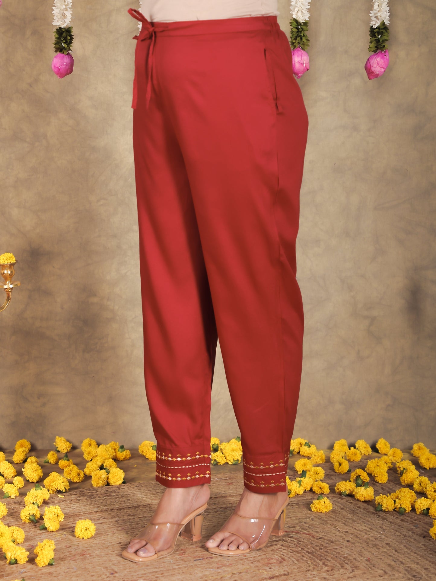 Viscose Solid Maroon Tapered Trousers