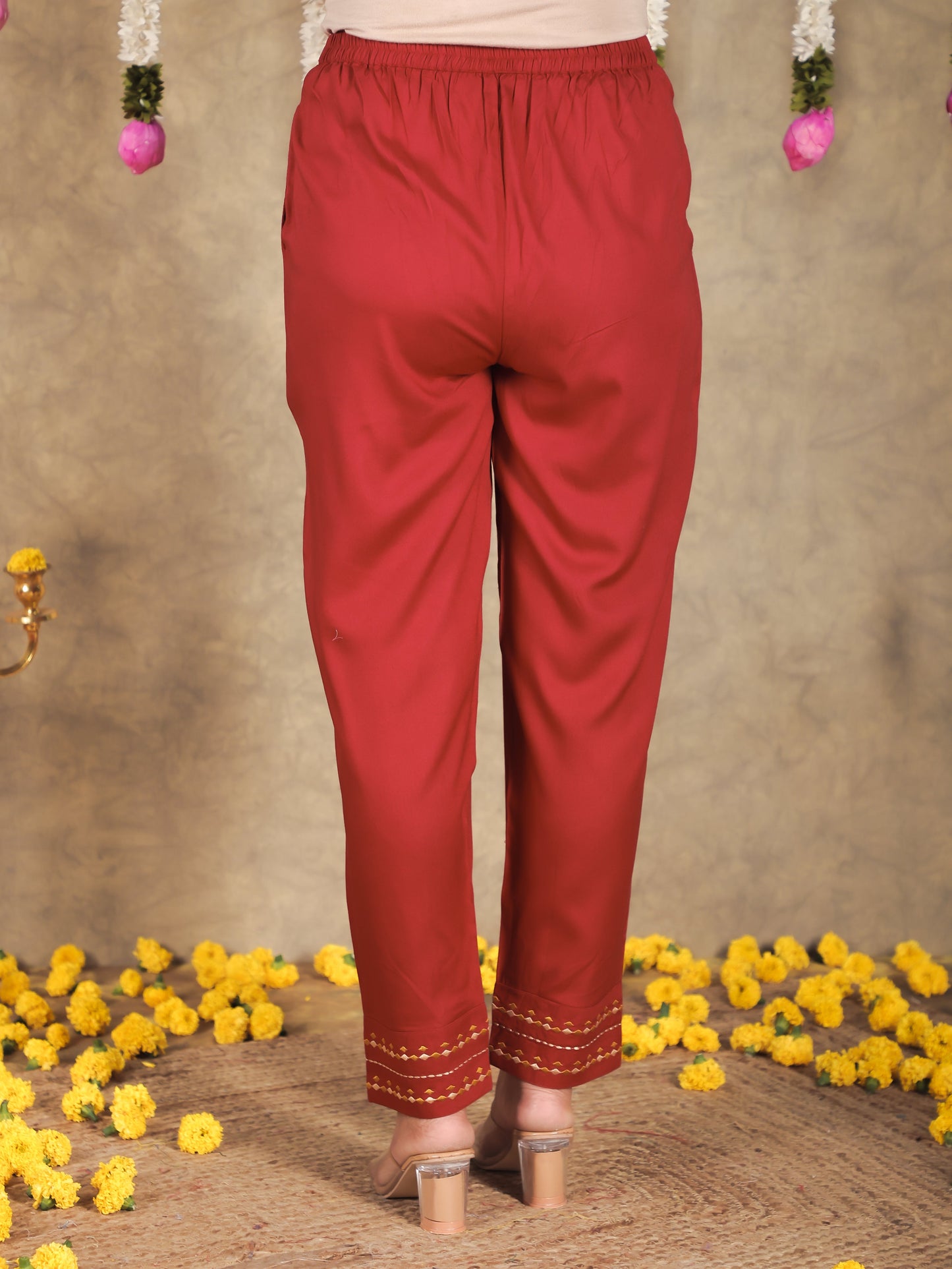 Viscose Solid Maroon Tapered Trousers