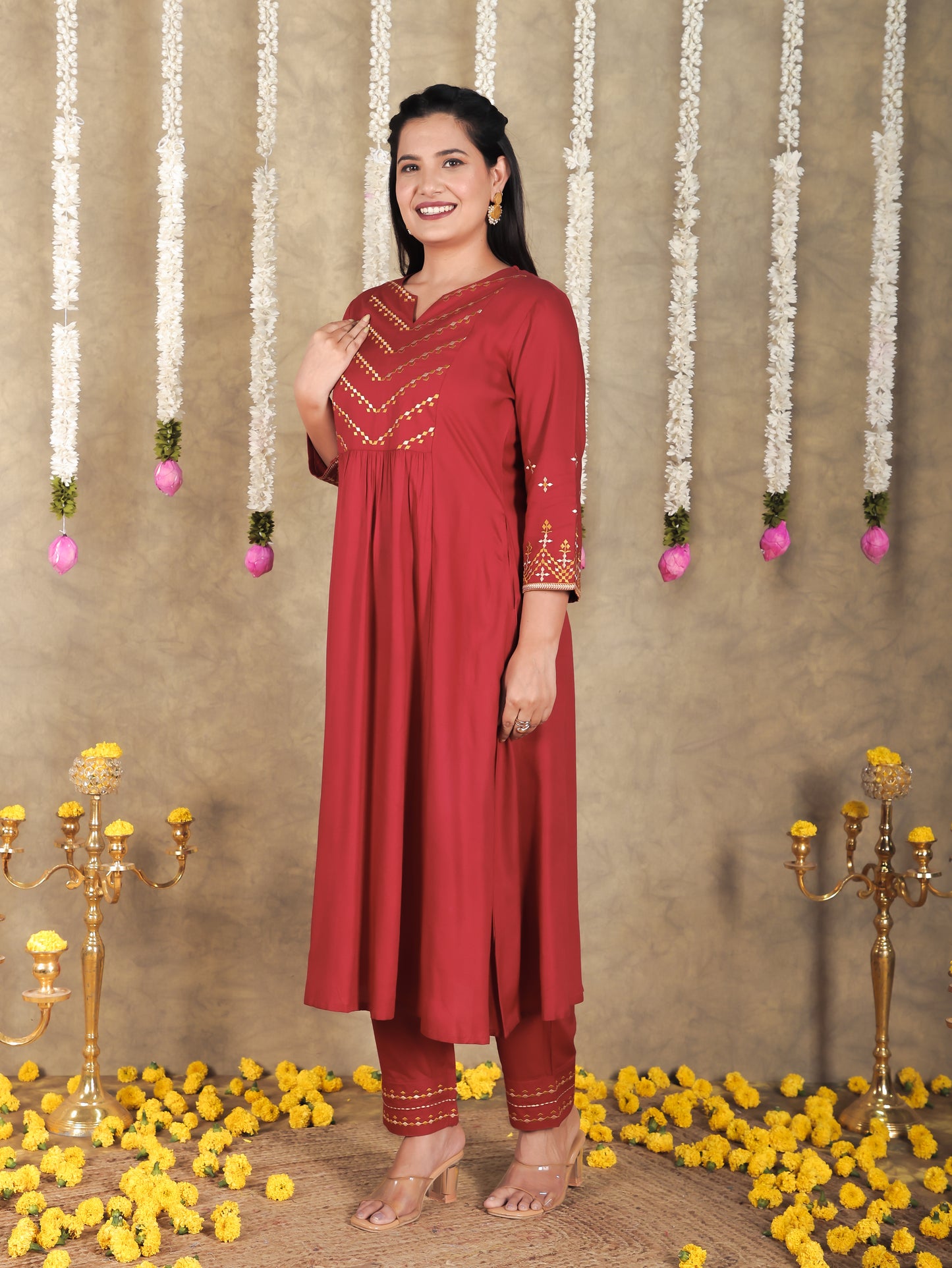 Embroidered Viscose Solid Flared Maroon Kurta