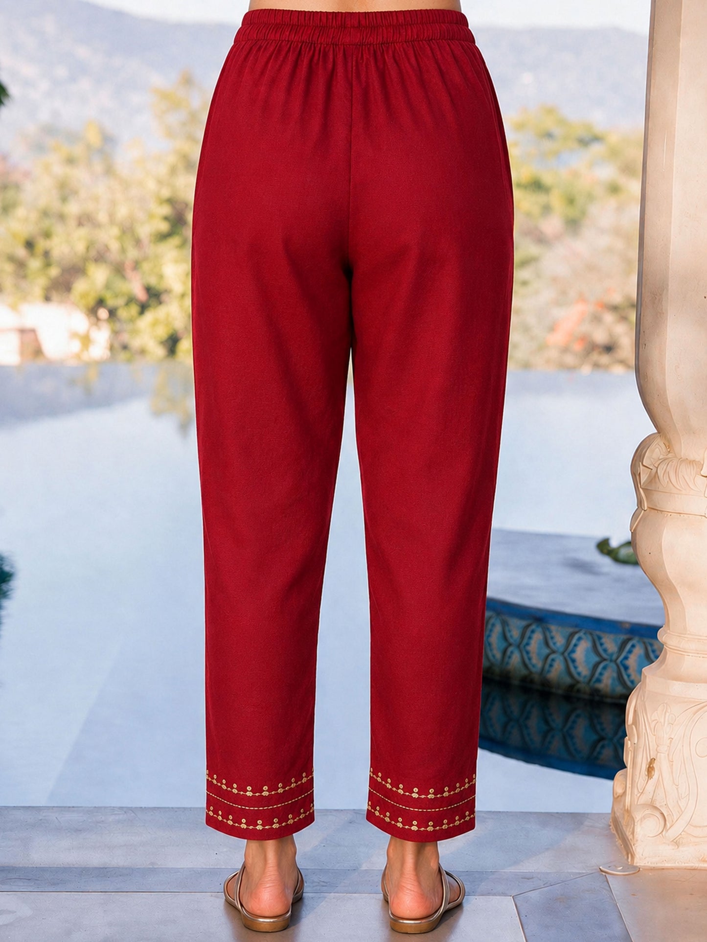 Embroidered Viscose Solid Flared Maroon Kurta