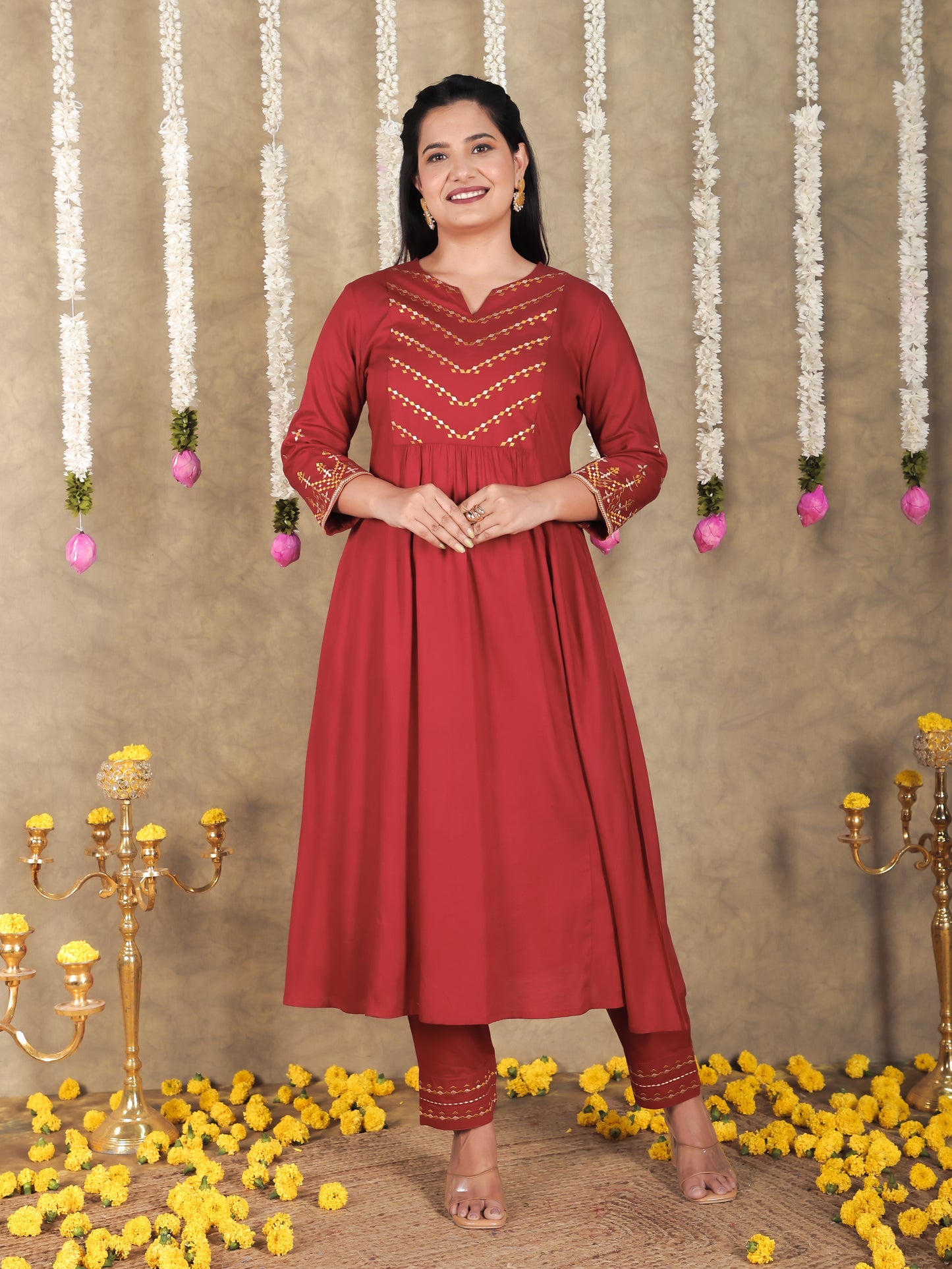 Embroidered Viscose Solid Flared Maroon Kurta