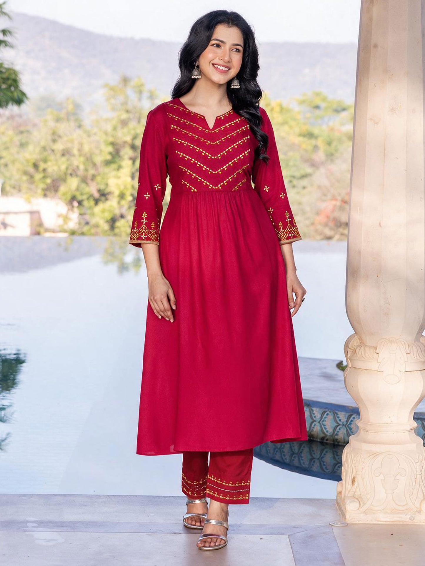 Embroidered Viscose Solid Flared Maroon Kurta