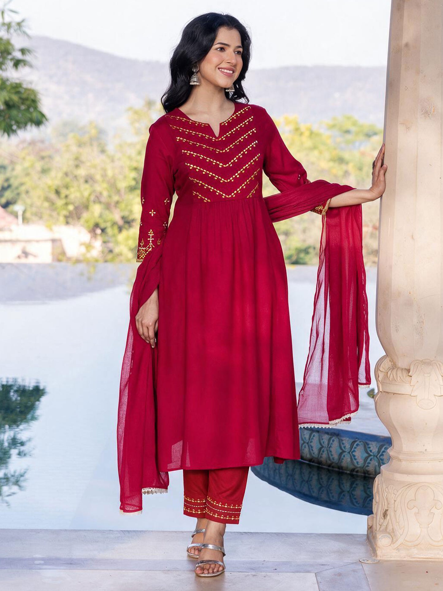 Embroidered Viscose Solid Flared Maroon Kurta