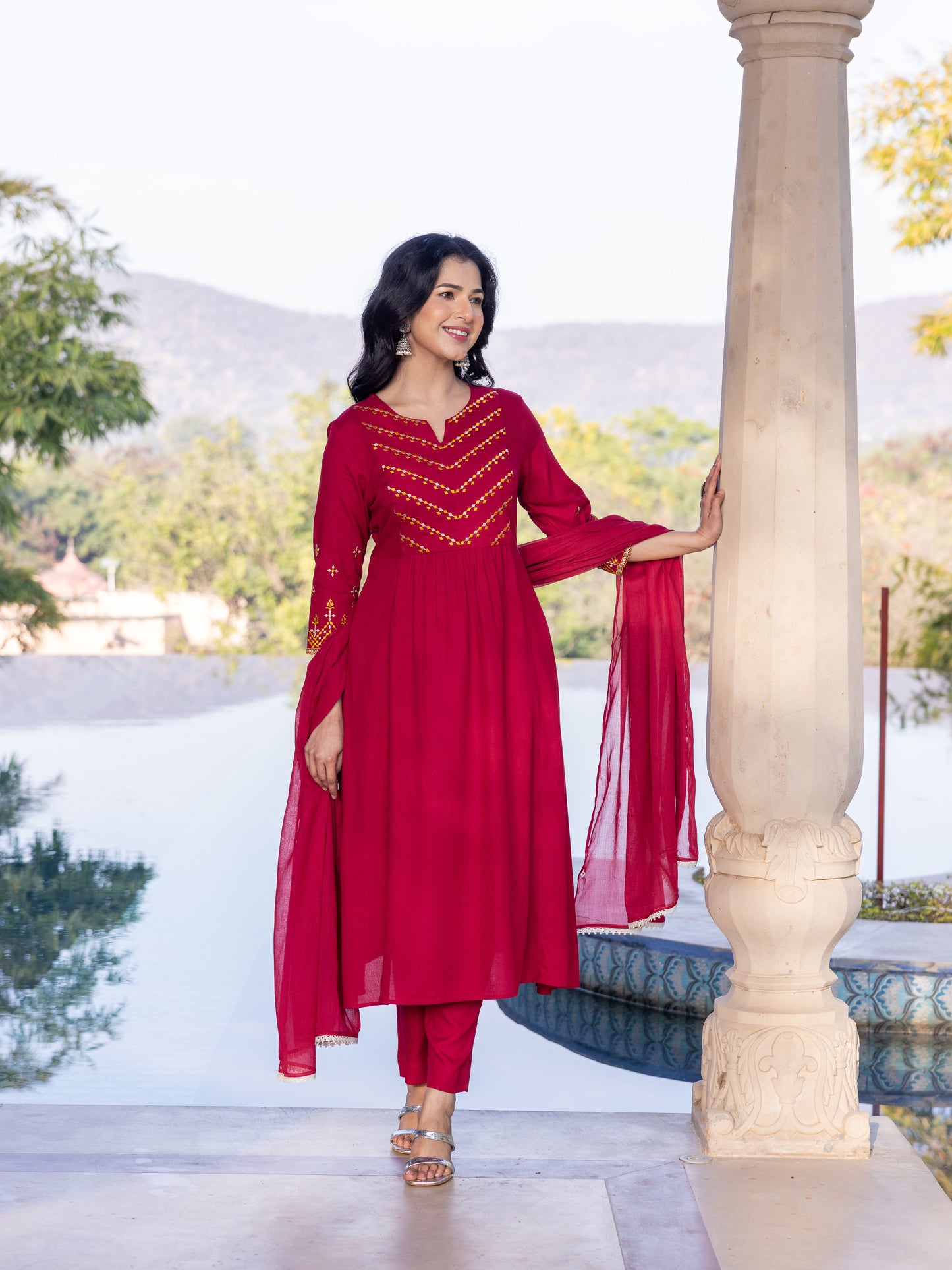 Embroidered Viscose Solid Flared Maroon Kurta