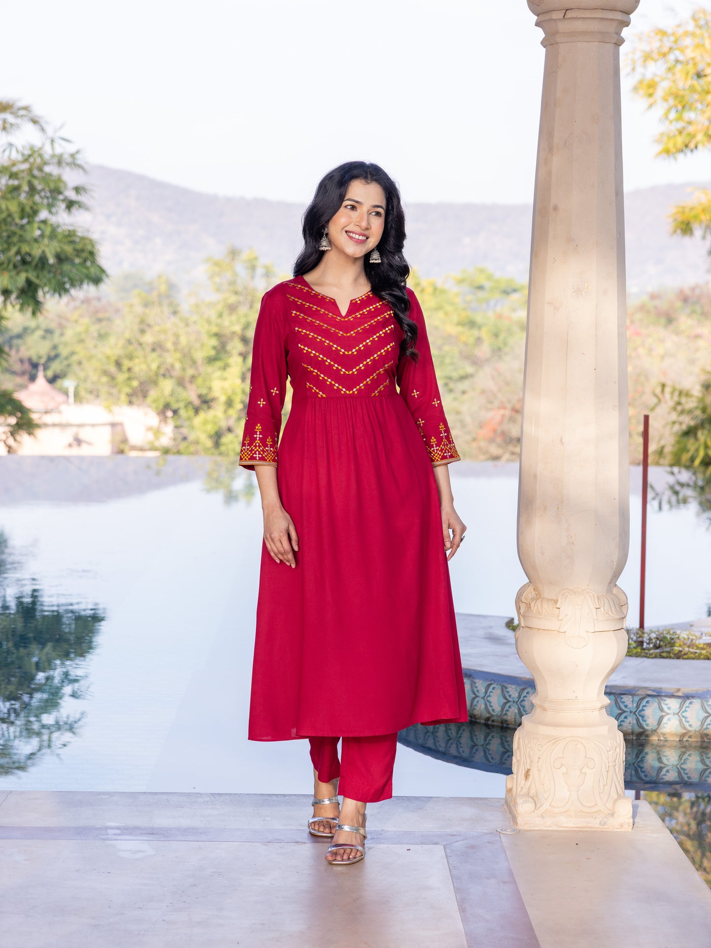 Embroidered Viscose Solid Flared Maroon Kurta