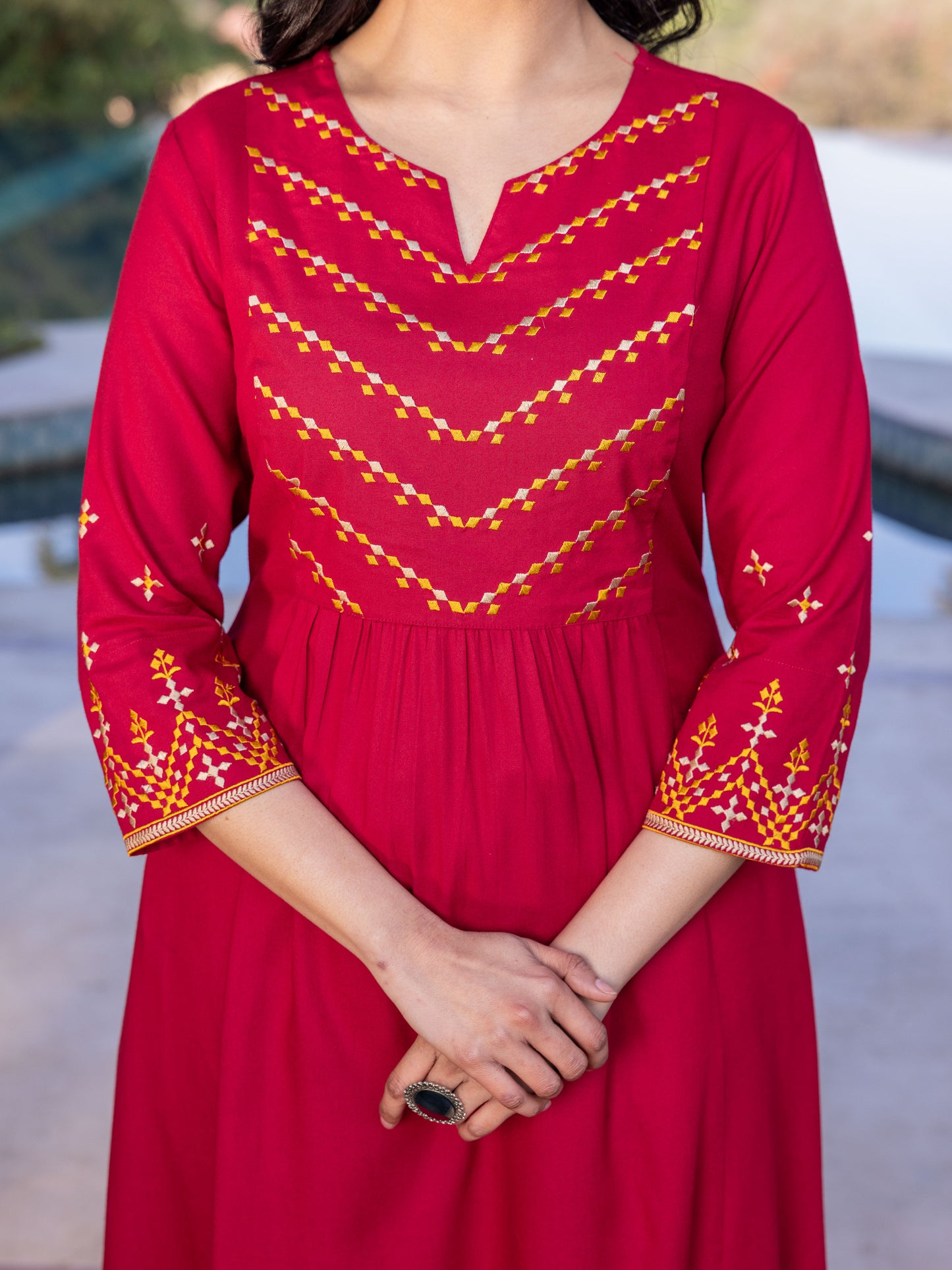 Embroidered Viscose Solid Flared Maroon Kurta