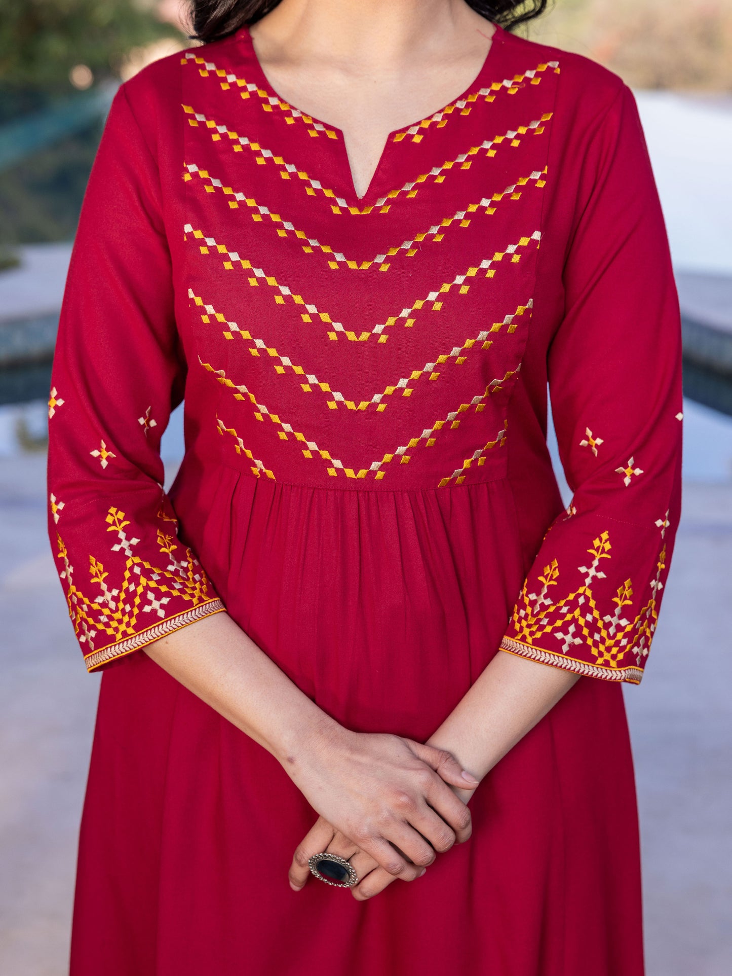 Embroidered Viscose Solid Flared Maroon Kurta