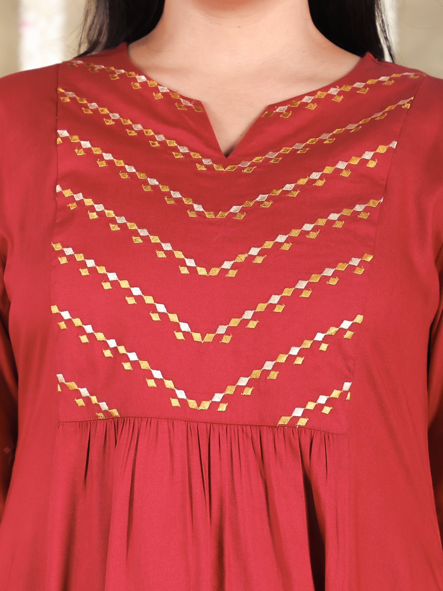 Embroidered Viscose Solid Flared Maroon Kurta