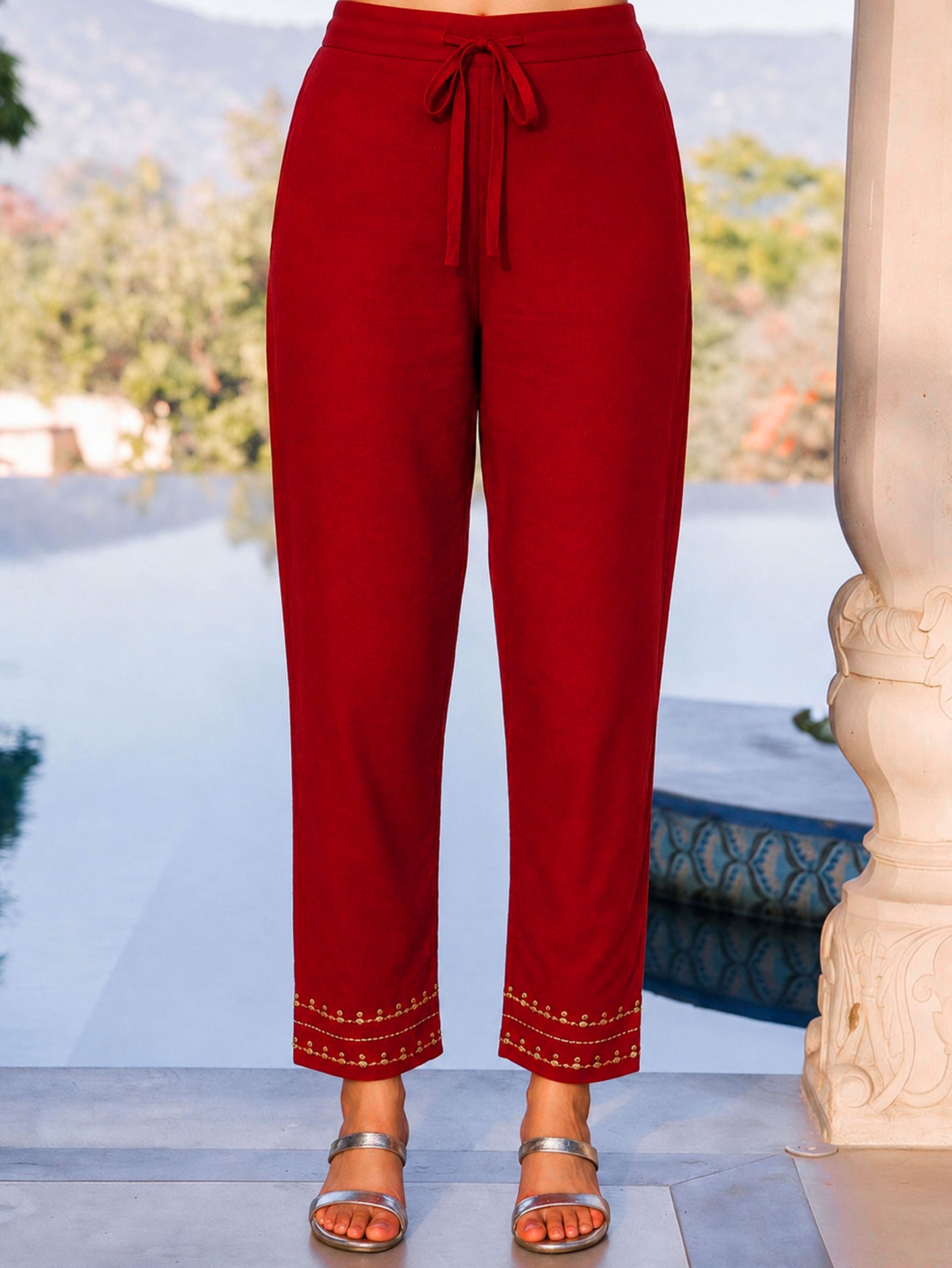 Embroidered Viscose Solid Flared Maroon Kurta