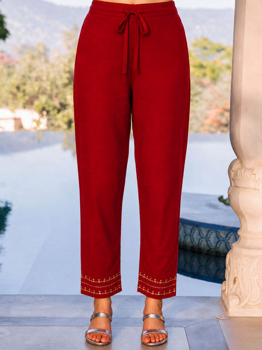 Viscose Solid Maroon Tapered Trousers